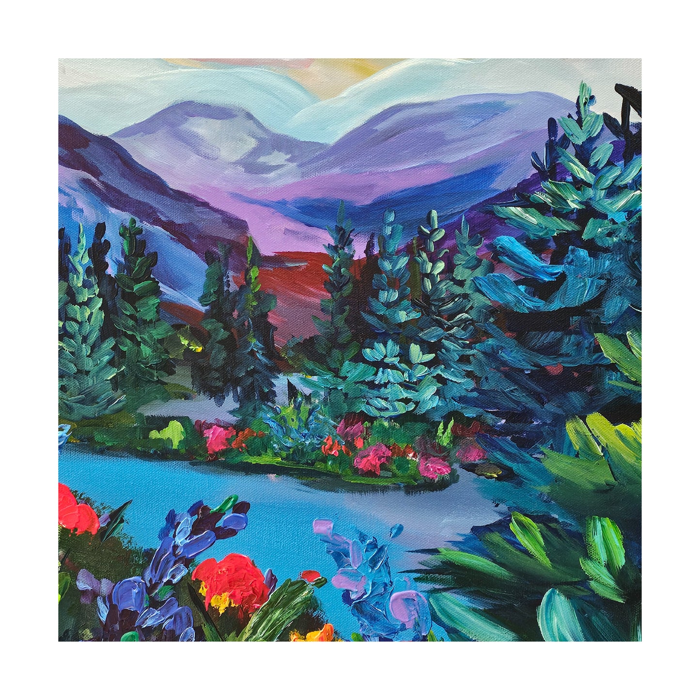 landscape with purple hills textured wild flowers original acrylic painting