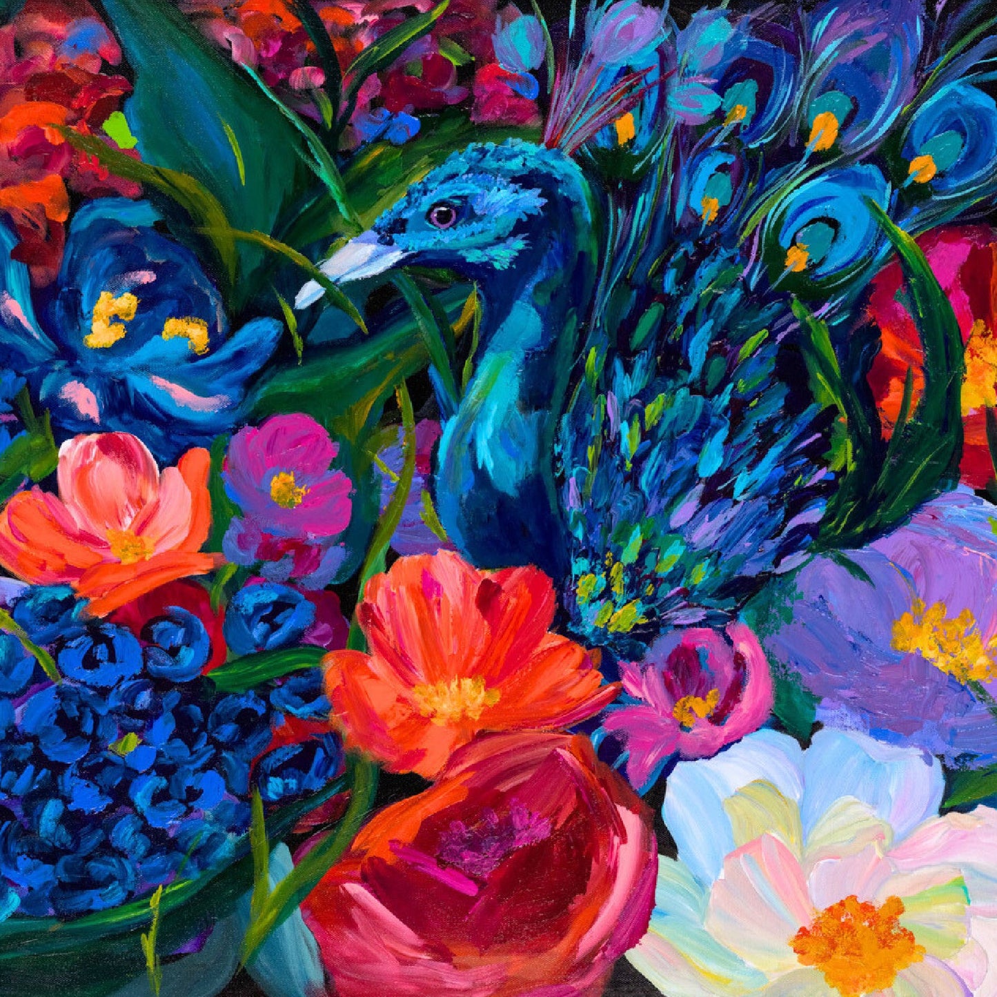 slightly textured vibrant colorful peacock painting