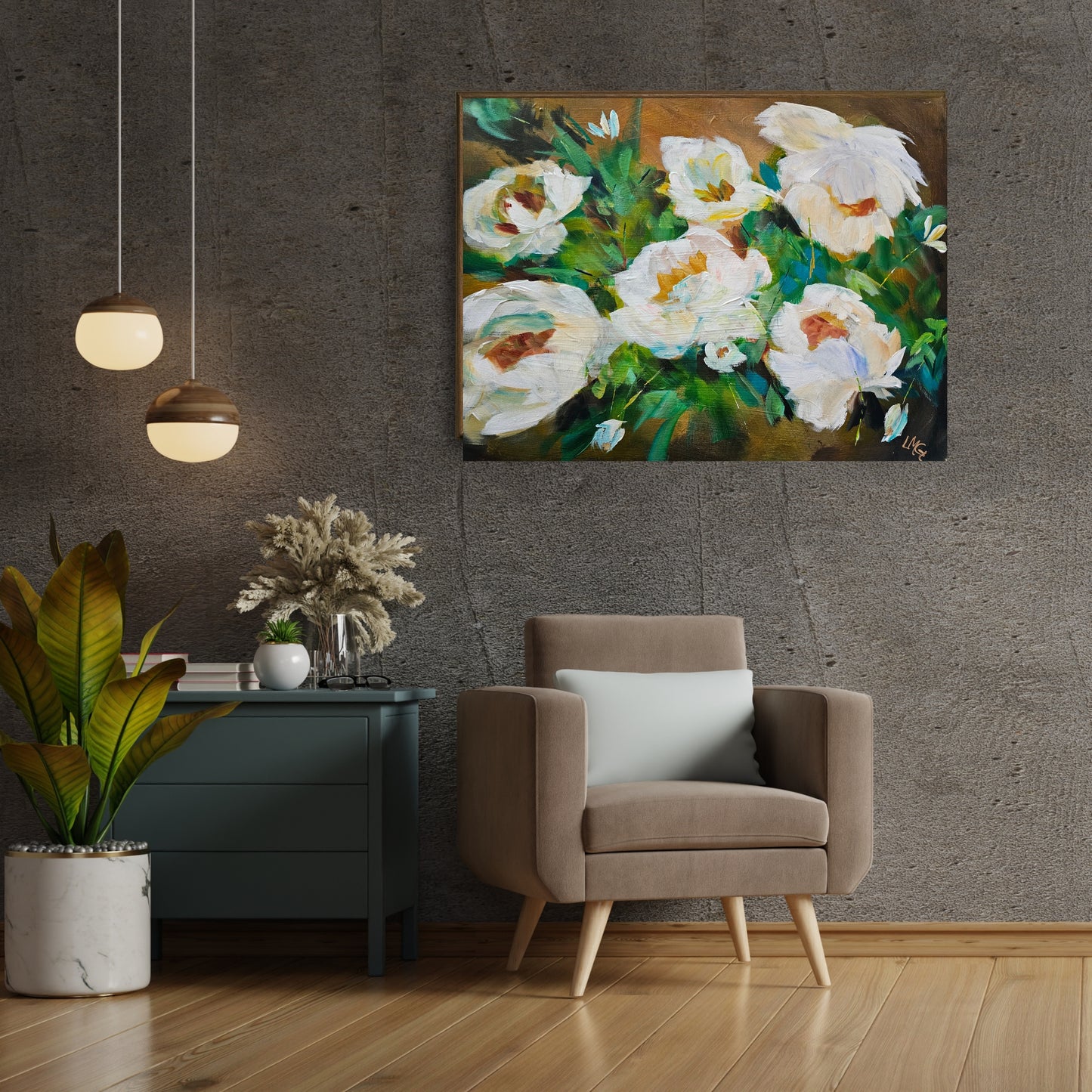 Original bouquet of white peonies against earth tones in a modern boho living room