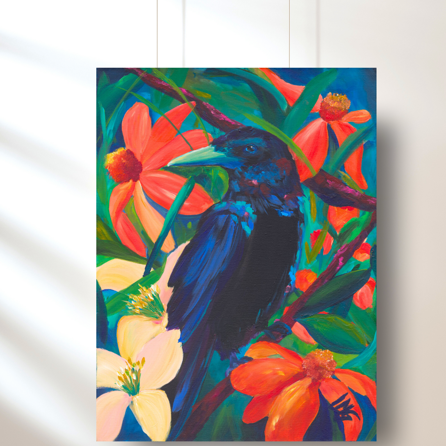 A vibrant painting featuring a stylized bird with deep, inky feathers against a background of bright orange and yellow flowers. The artwork is on a canvas, which is wired for hanging.