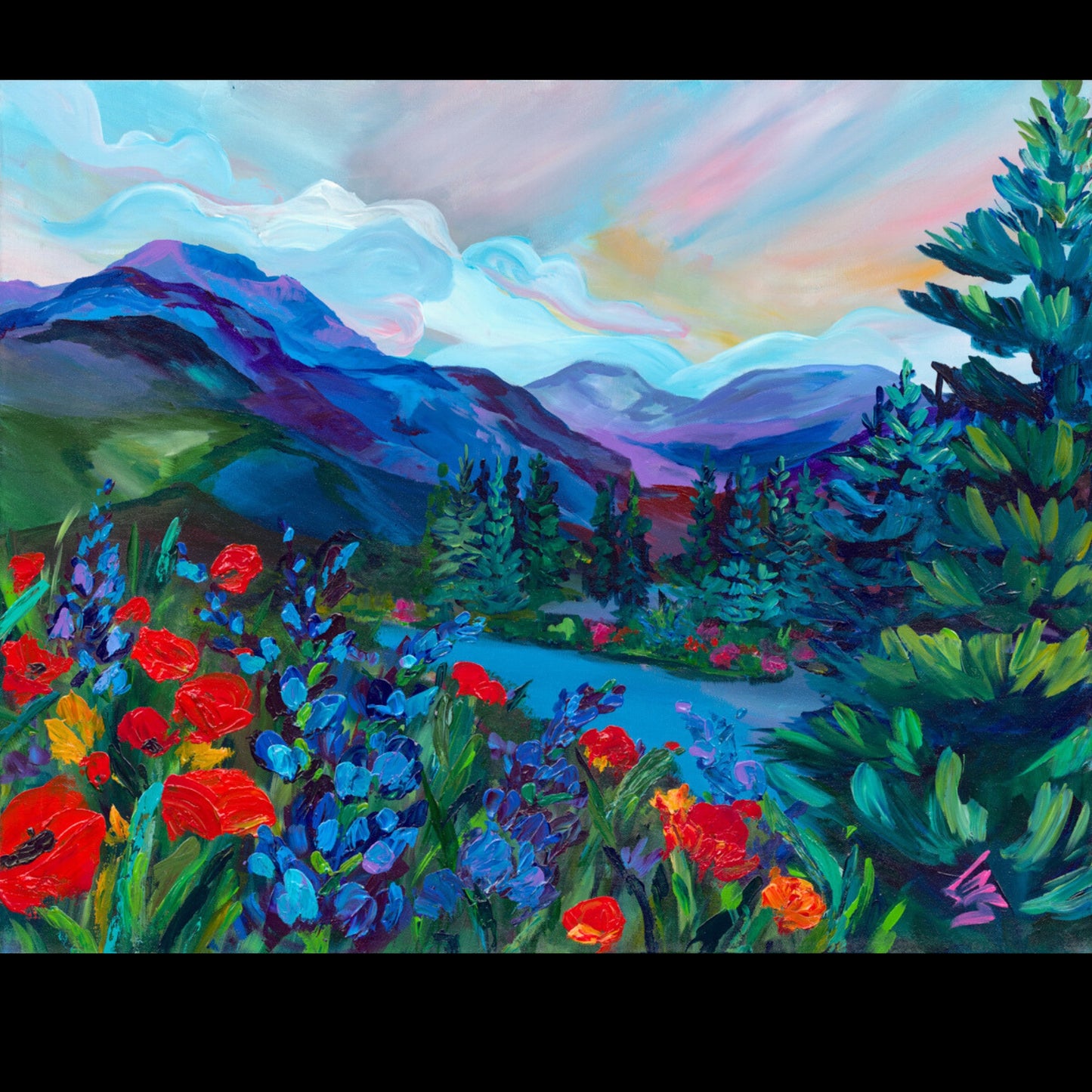 textured flowers in a colorful painting on canvas