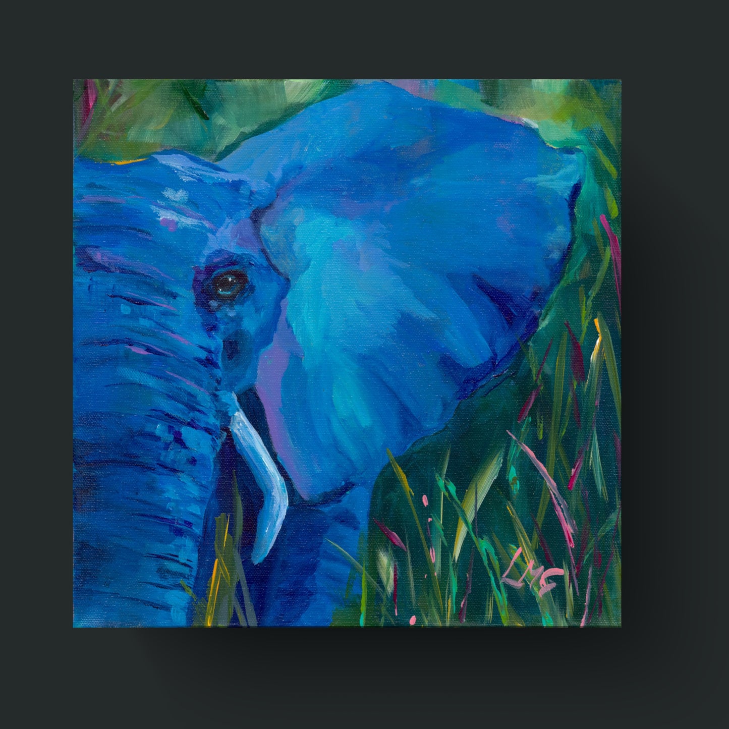 square abstract painting of a blue elephant on canvas