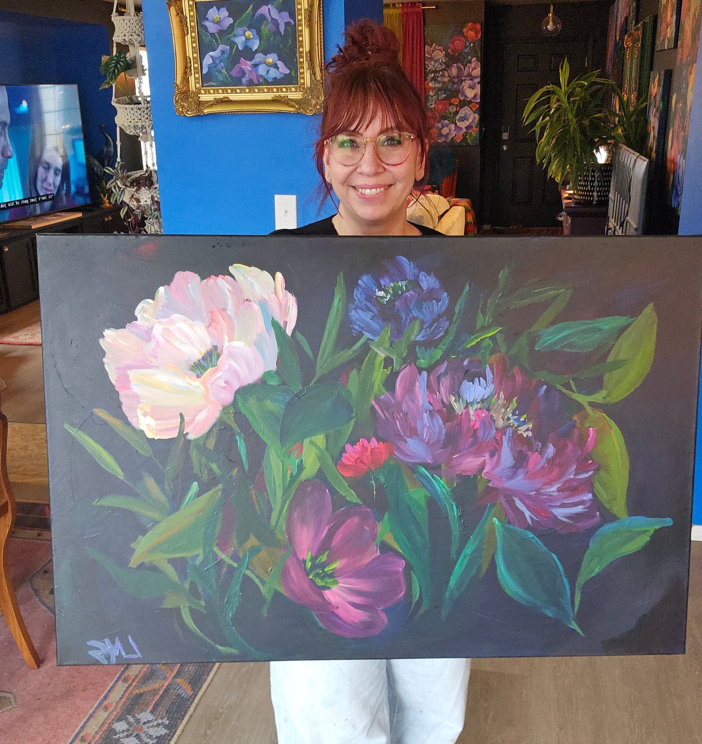 mood black and purple floral canvas painting in a moody maximalist decor living room