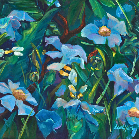 abstract baby blue floral garden with yellow and black bees original painting on canvas