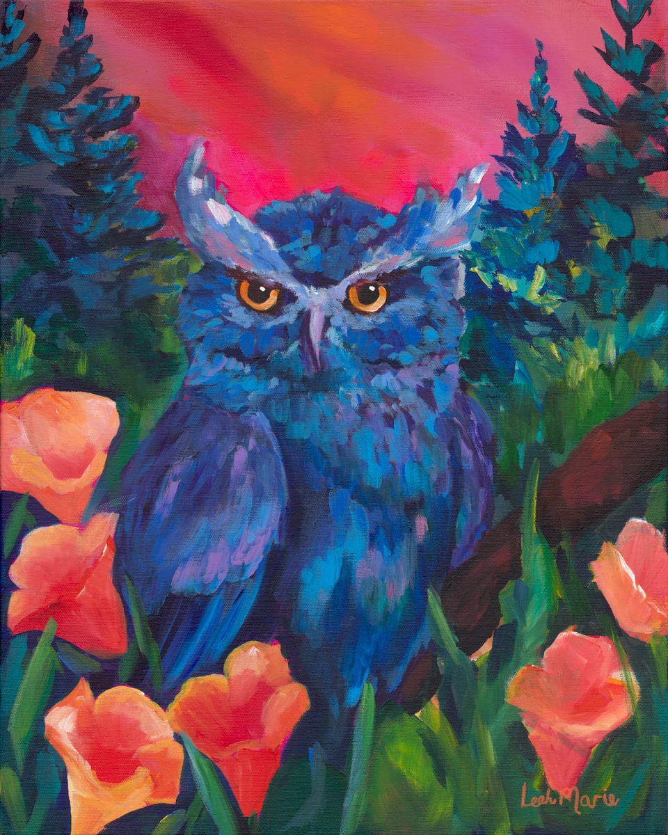 colorful snset over bold blue owl set in amongst wildflowers perfect statement piece for any dopamine maximalsit living room or office