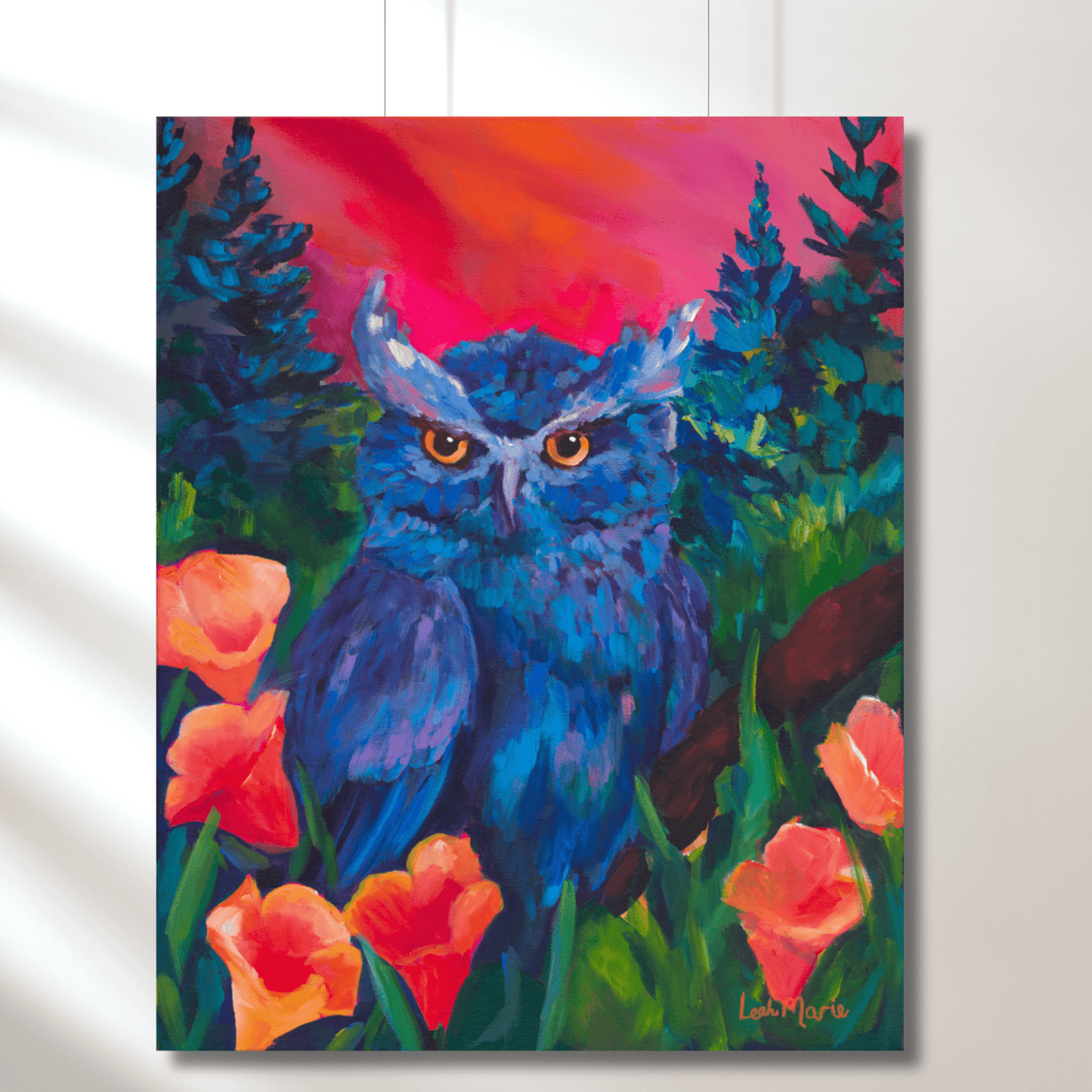 bold whimsical owl illustration beneath a sunset surrounded by orange wildflowers. perfecr addition to maximalist living rooms and gallery walls
