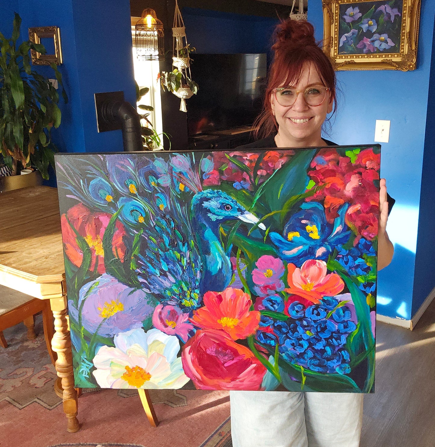 tetured hand painted floral peacock painting by dopamine artist leah marie