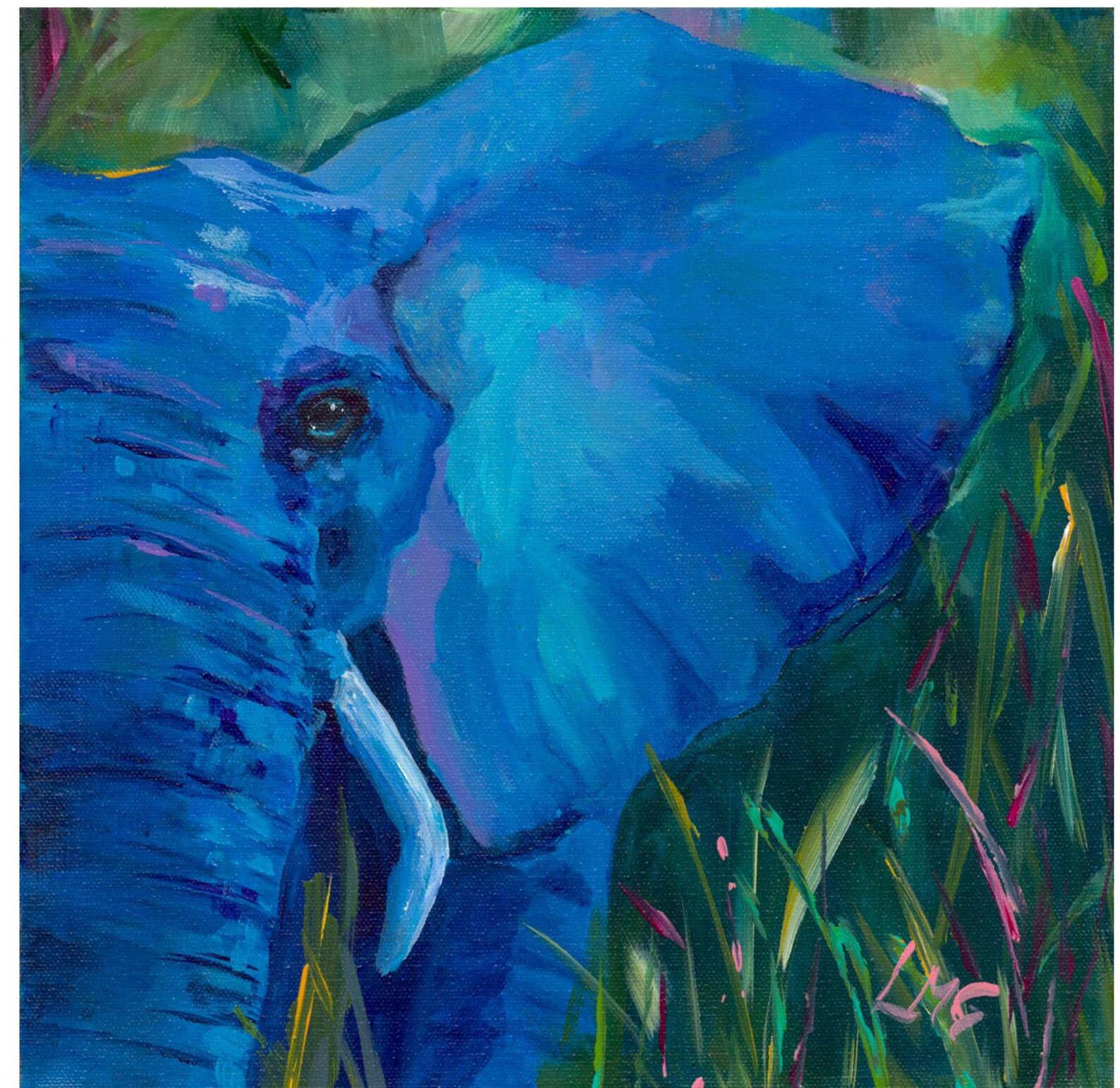 Colorful painting of an elephant in a natural setting
