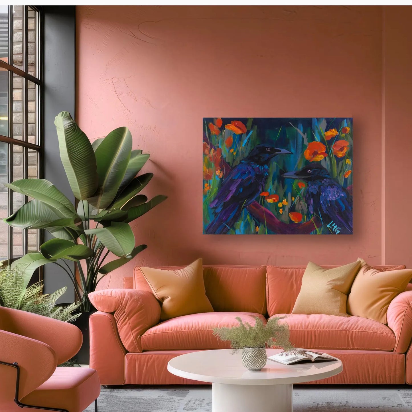 Living room with pink walls, coral sofa, and a colorful painting of birds.
