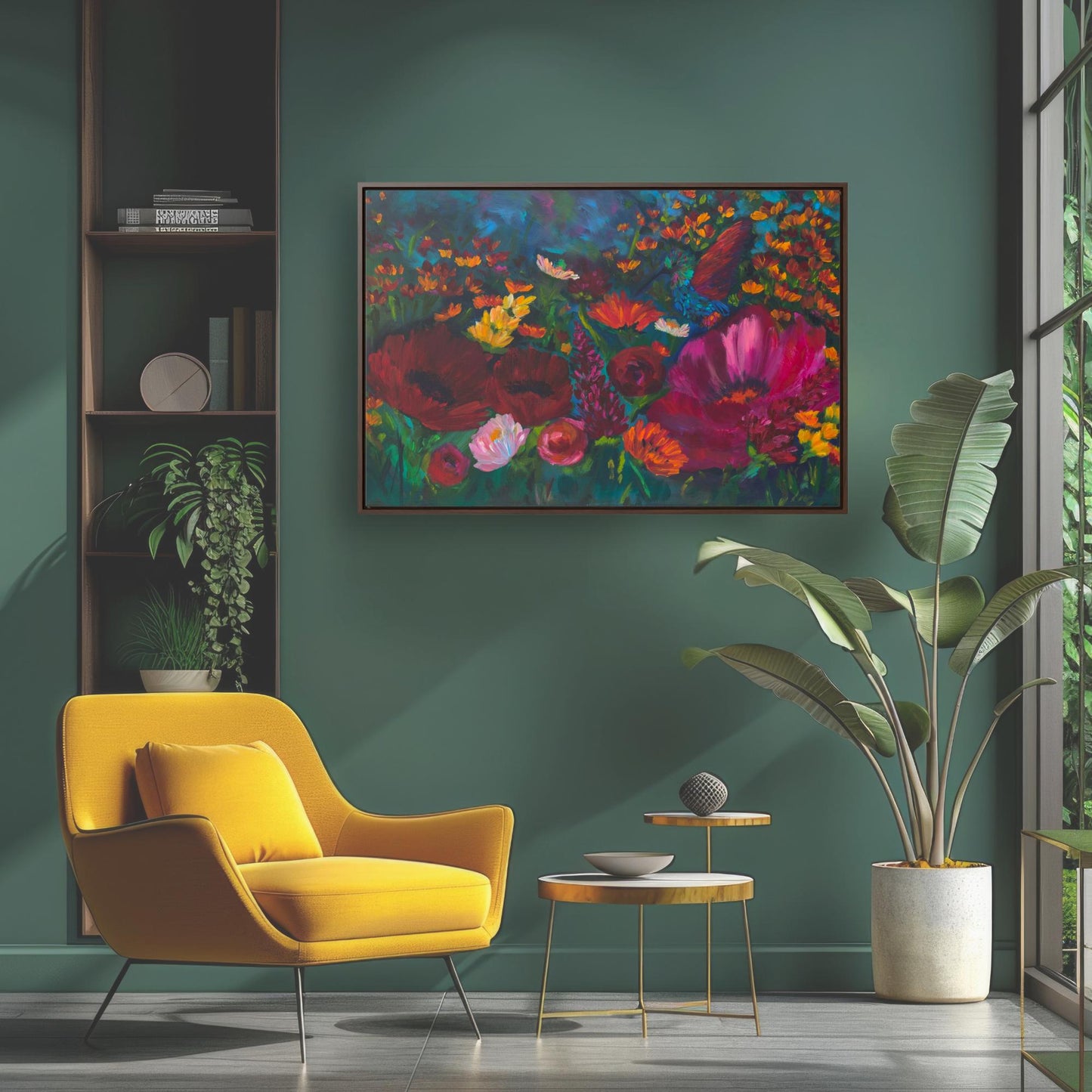 poppy flower wall art with a hummingbird framed canvas in a colorful maximalist living room