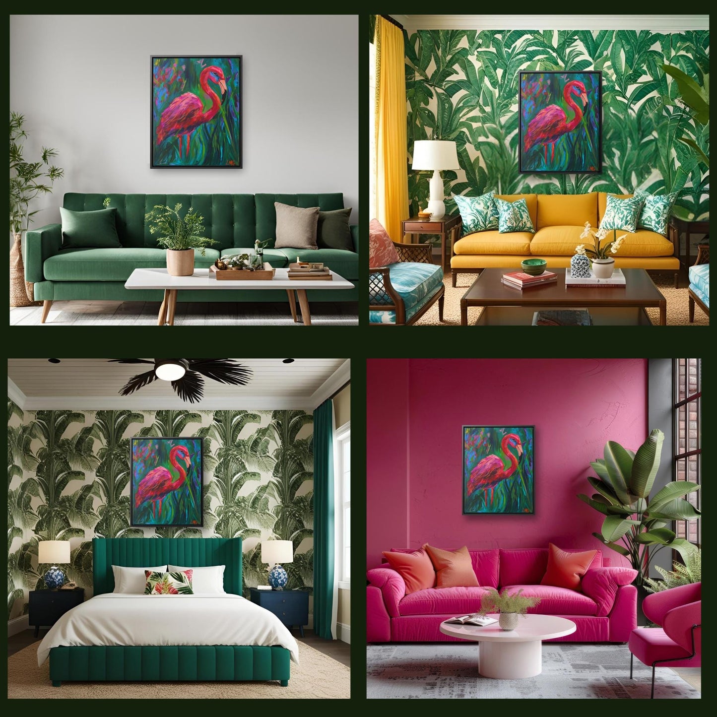 Gallery wrapped canvas or framed flamingo print, expressive bird art for bold interior styling or seasonal refresh.