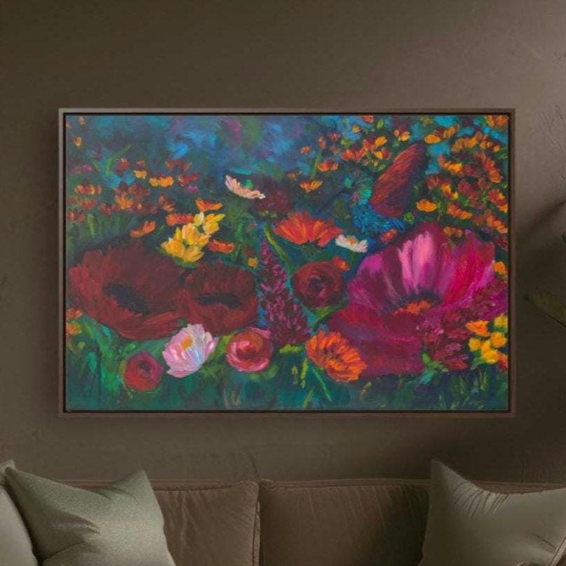 warm earth tones floral garden with a humming bird framed canvas wall art in a chocolate decor living room