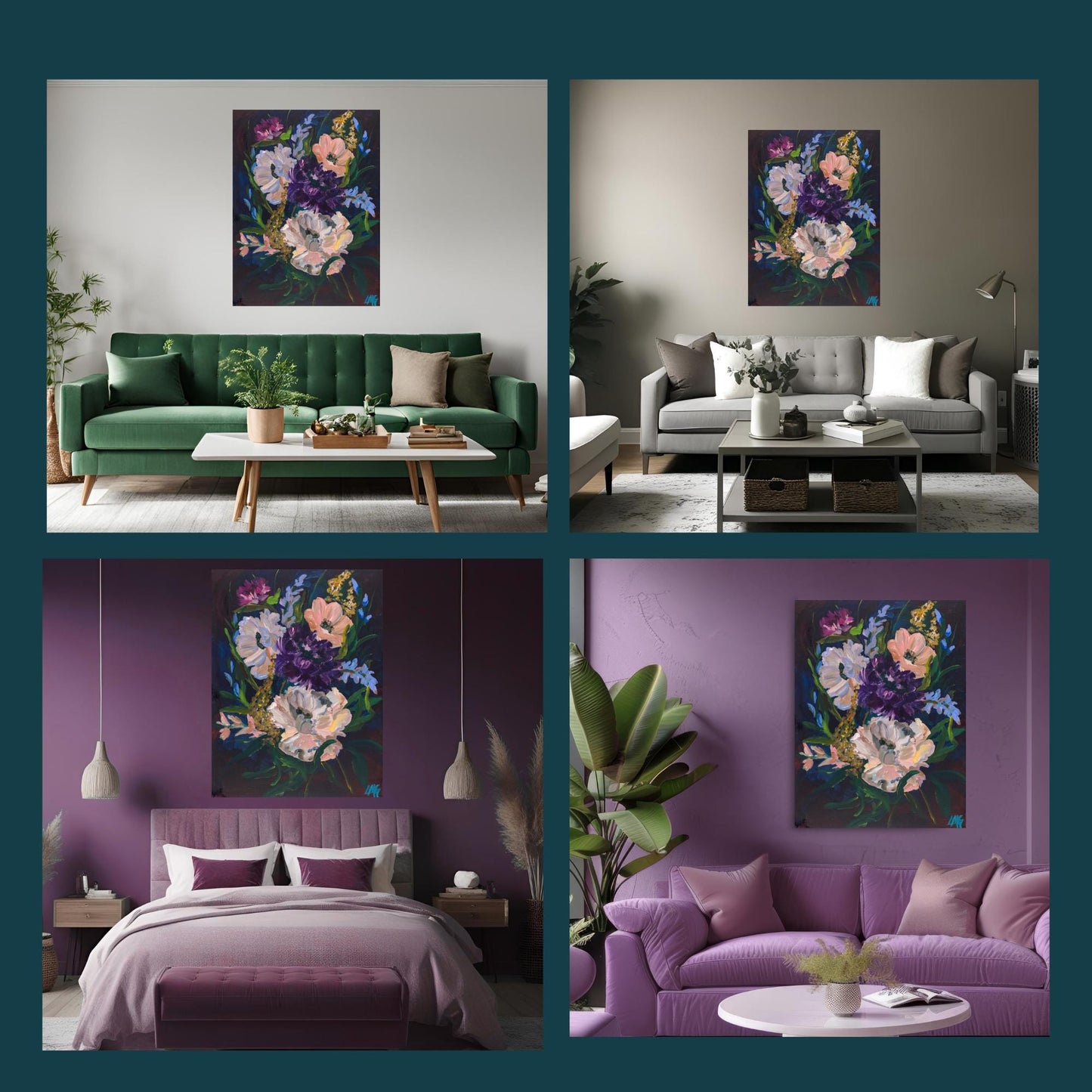 purple peach peony floral bouquet canvas wall art print in a boho living room a modern living room decor a jewel tone bedroom decor and maximalist dopamine decor living room