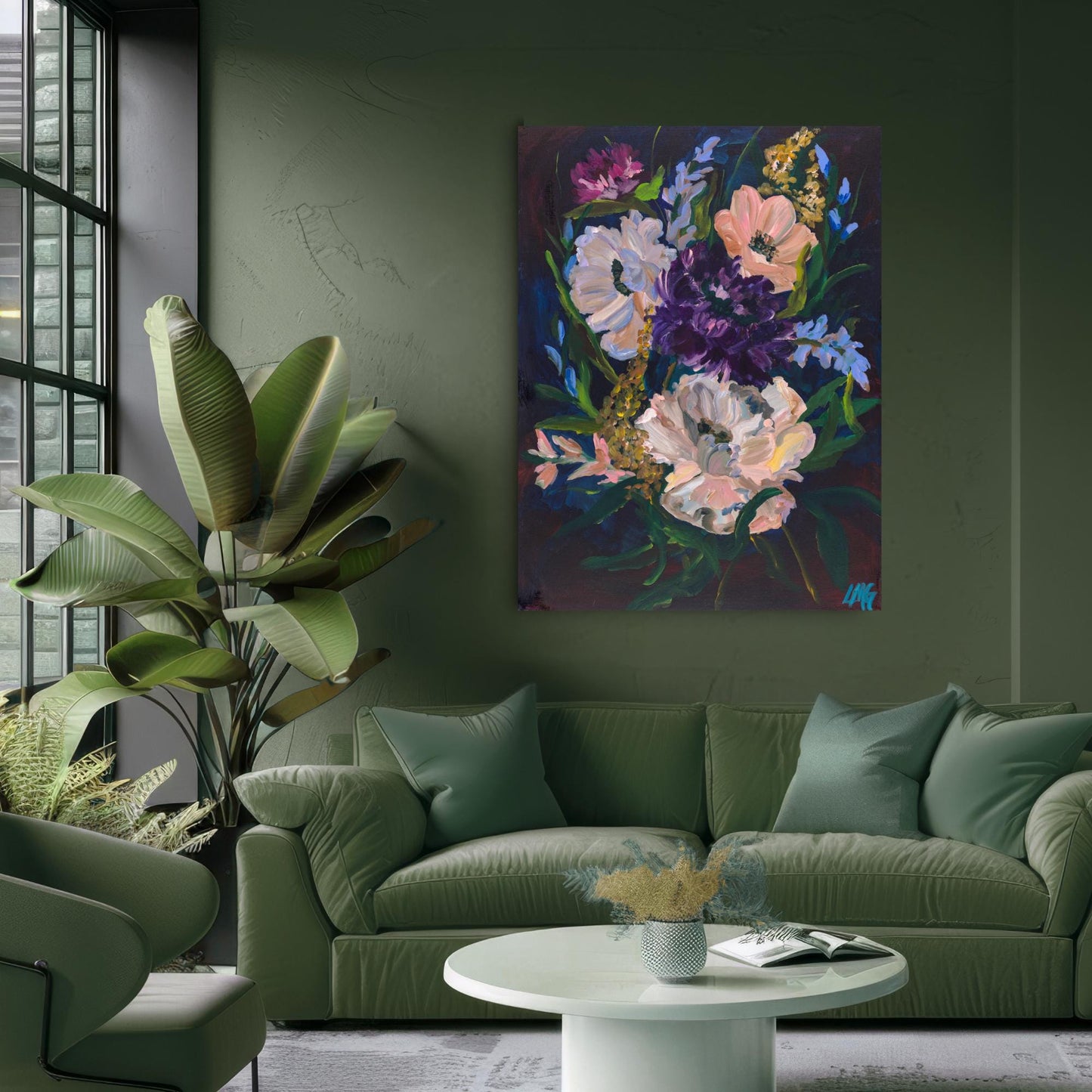 green maximalist color drenched living room decor with a hand painted vintage wild flower print