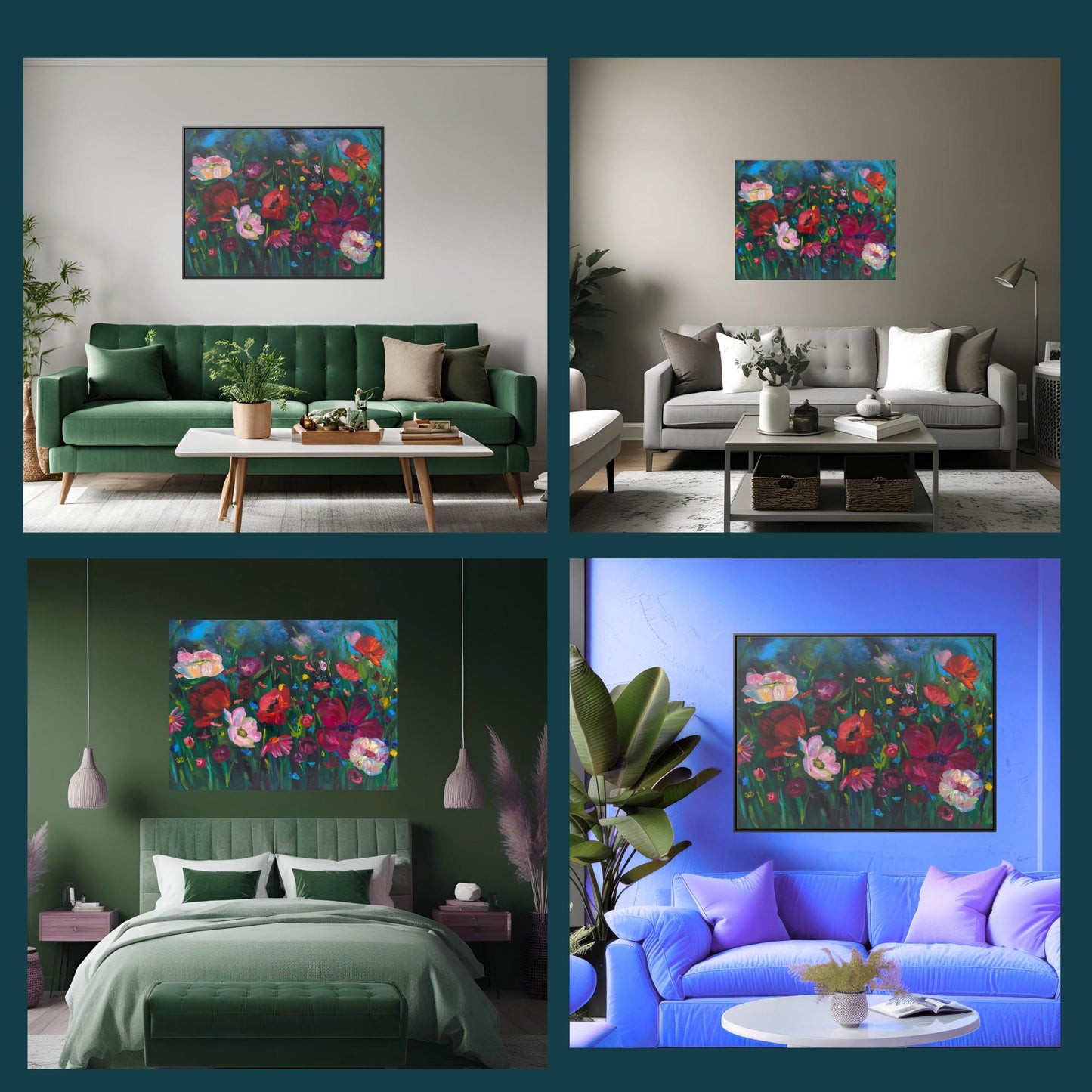 boho decor wall art mid century modern living room wall art green jewel tone bedroom feminine floral art dopamine color maximalist decor colorful floral artwork