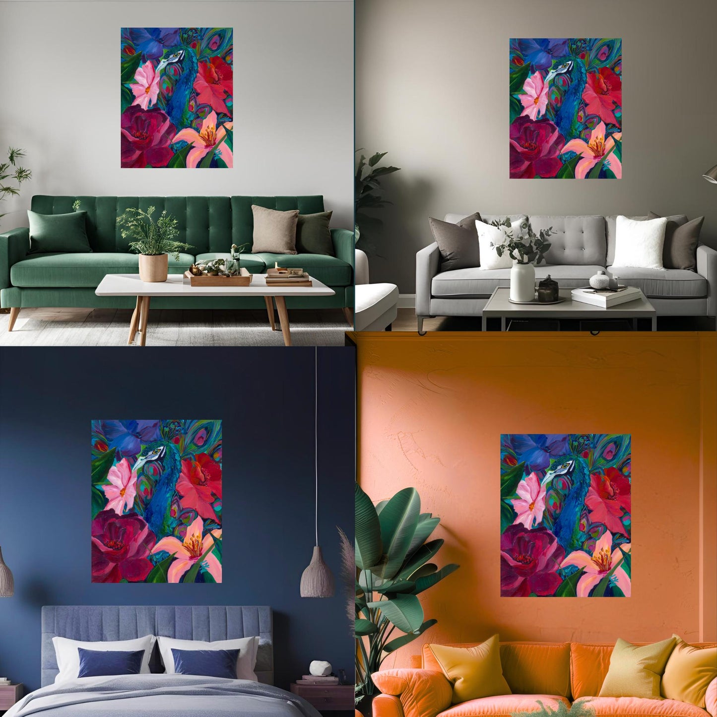 Floral peacock archival print in bold colors, ideal for home remodels or gallery walls in stylish living rooms.