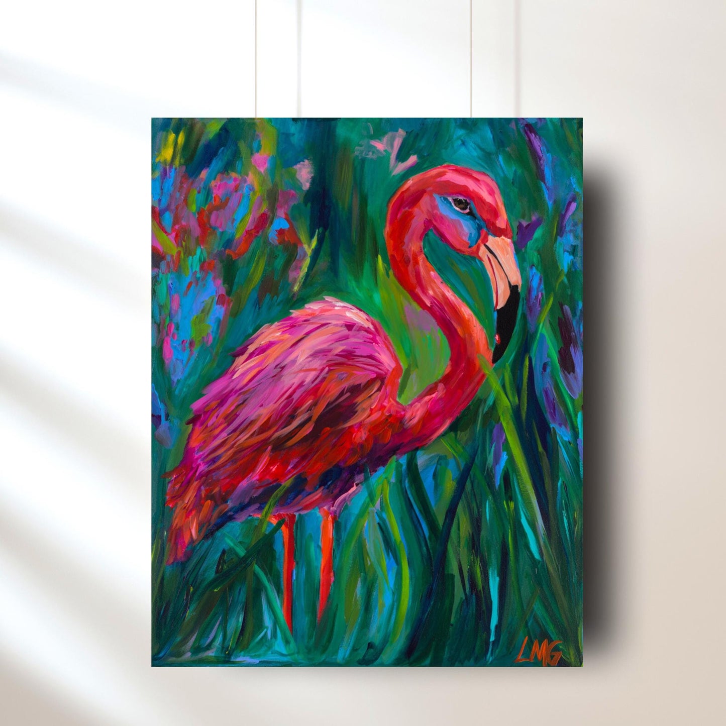 Flamingo wall art with vibrant colors, expressive bird painting for home decor lovers, perfect for a living room or summer gallery wall.