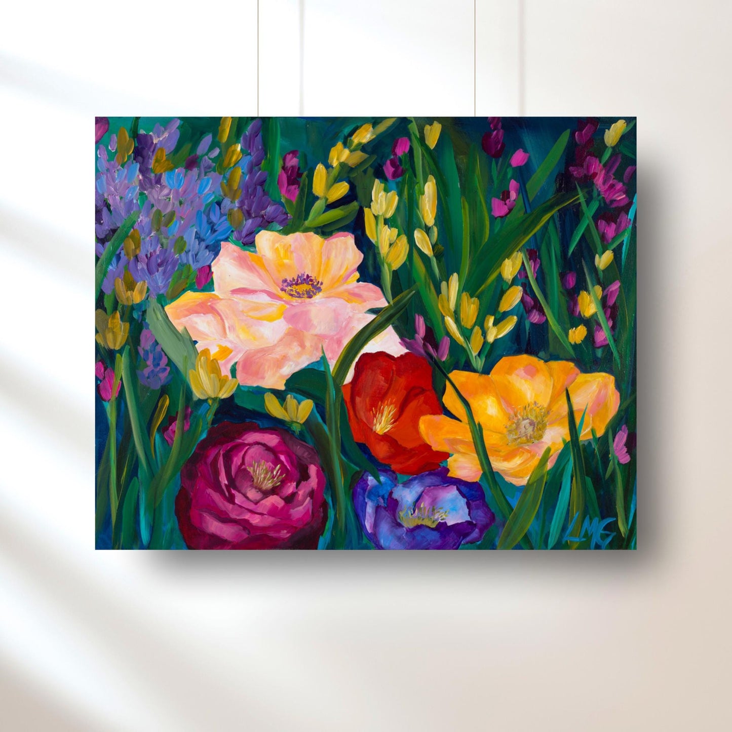 Dopamine floral wall art print with bold garden flowers, perfect for brightening a creative office or studio space.