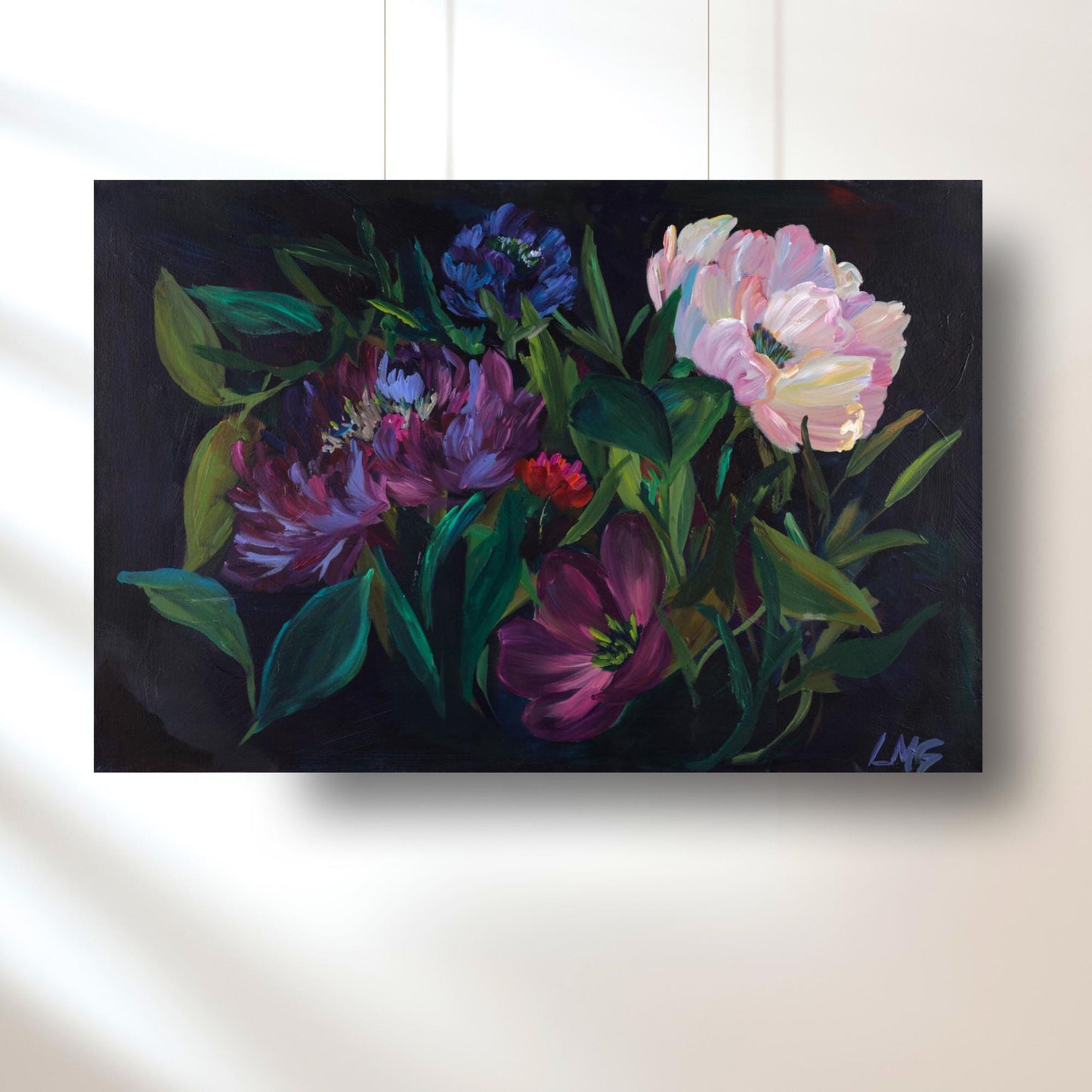 black peony floral print wall art from hand painted art