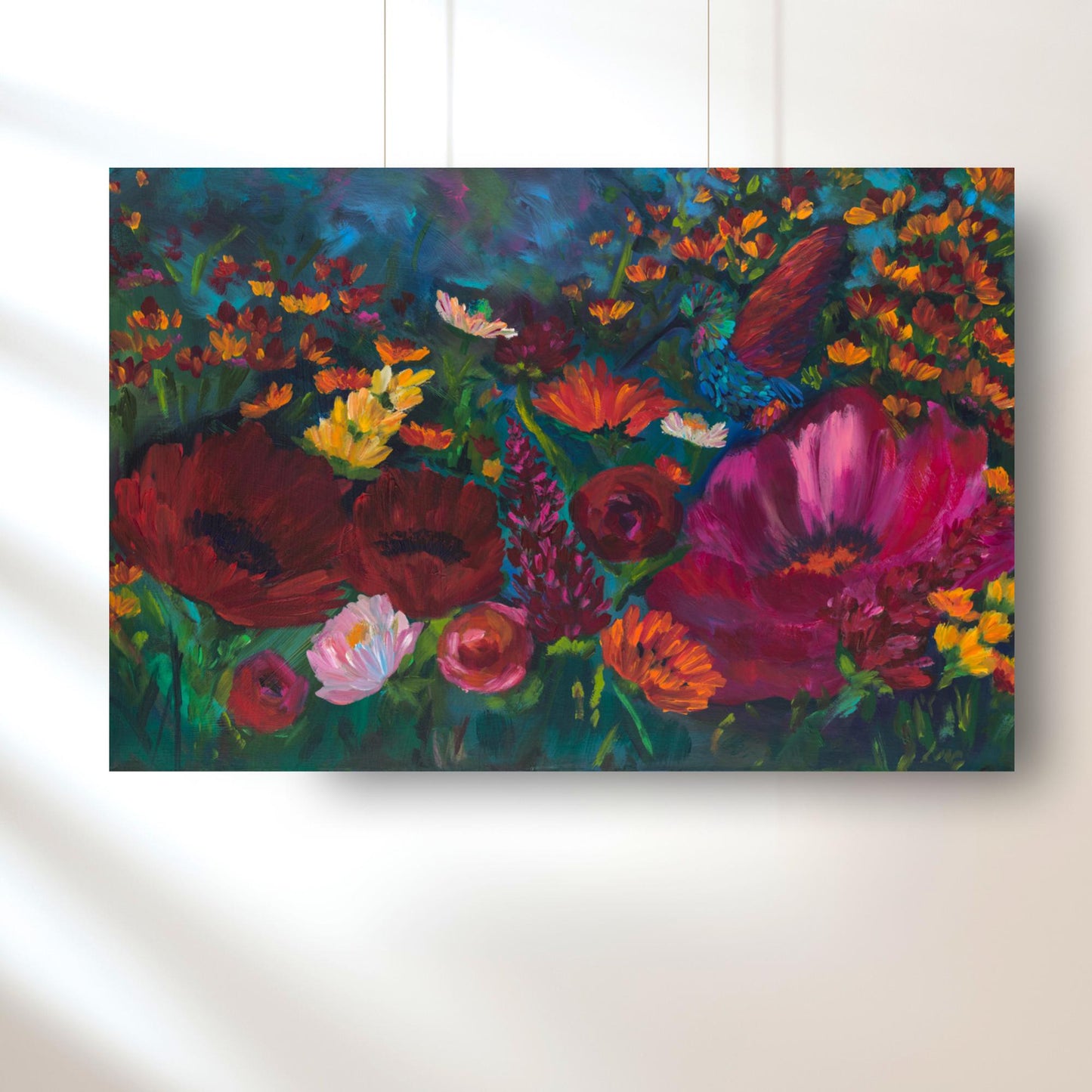 warm tone reds and oranges hummingbird abstract floral canvas print from original artwork