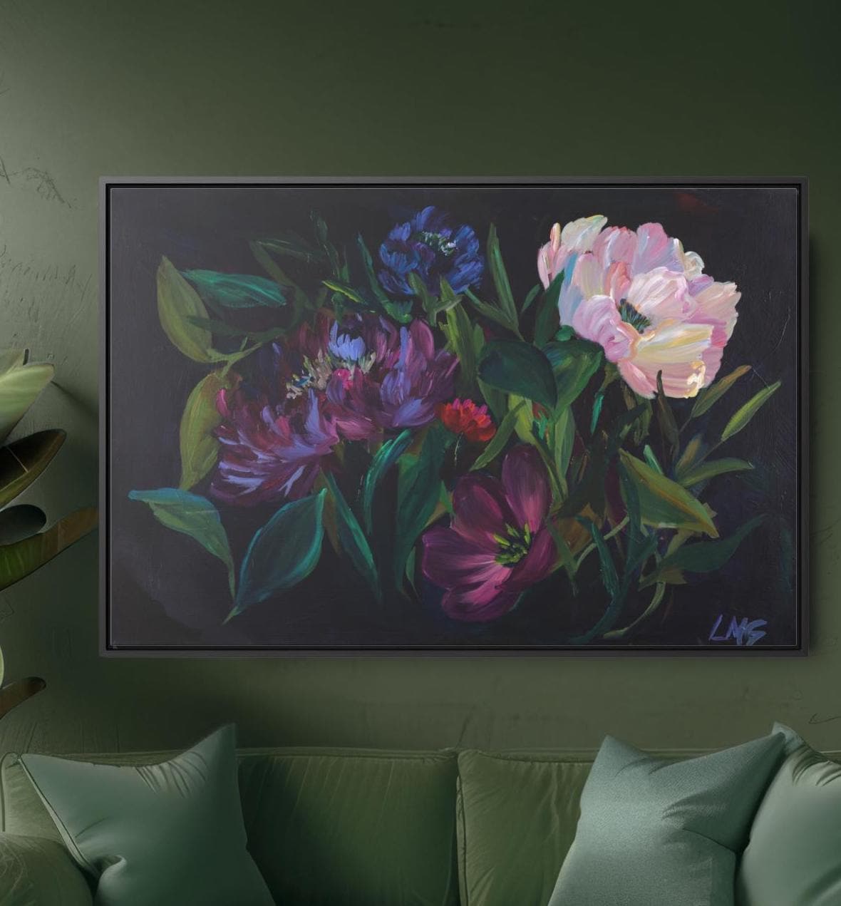 gothic black floral wall art canvas print in a dark academia living room decor