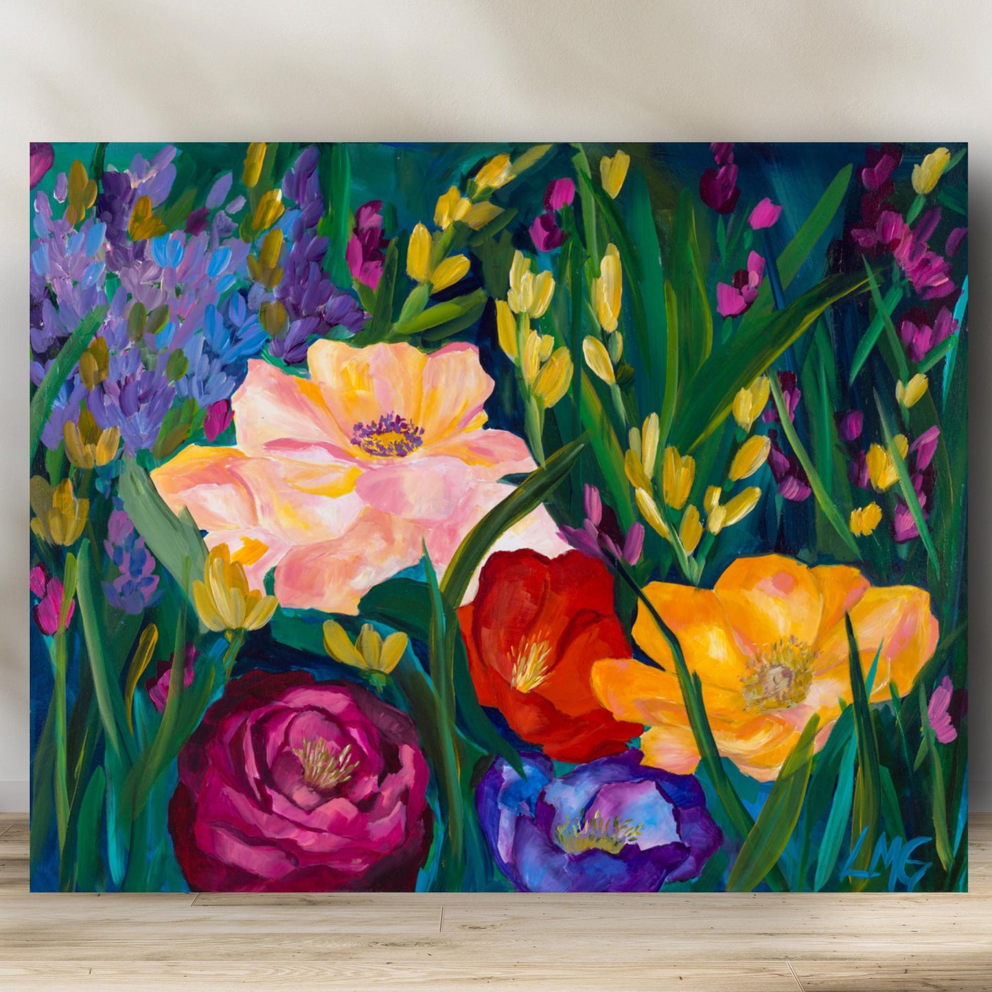 Hand-painted botanical artwork reproduced on archival matte paper, ideal for colorful spring home decor.