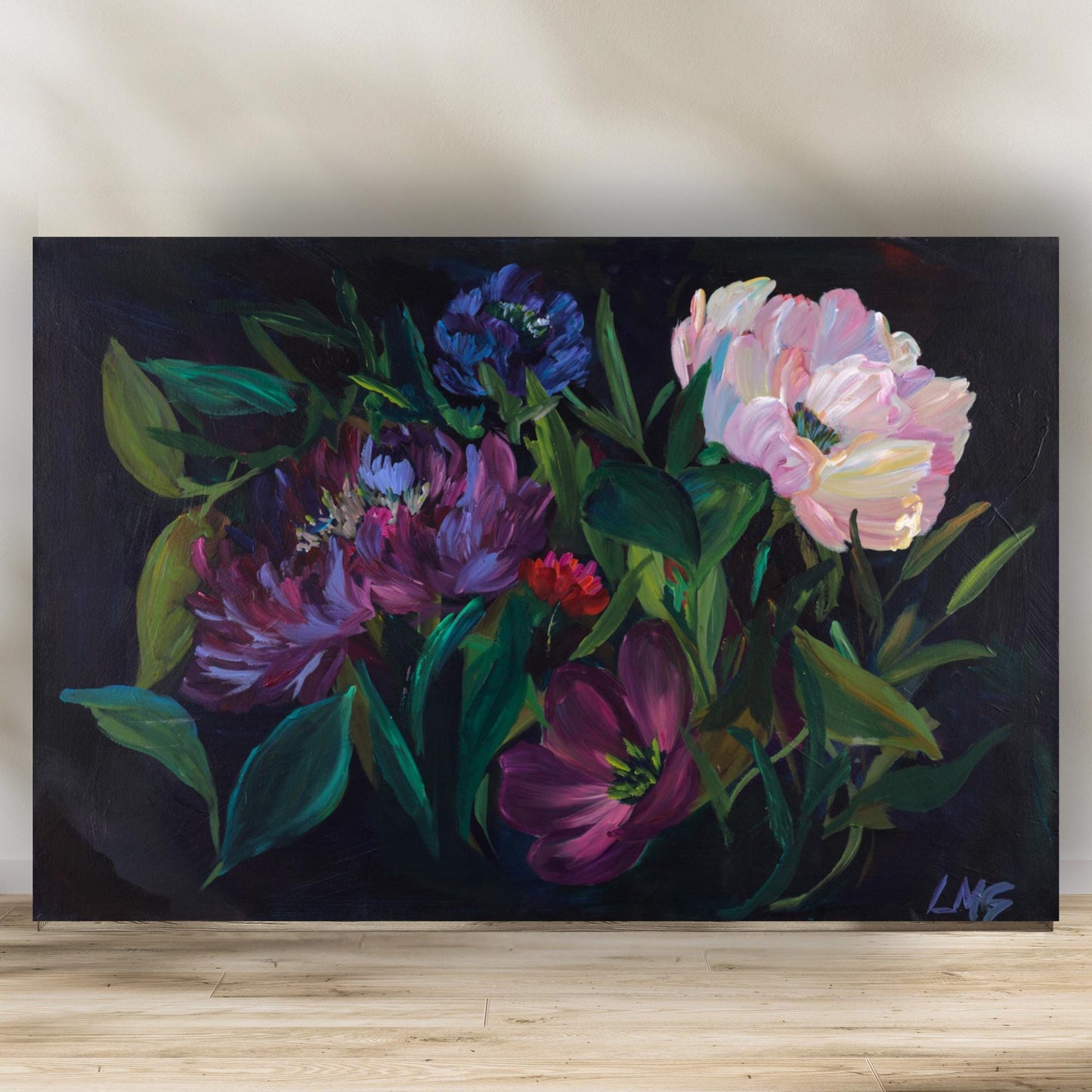 gothic dark floral maximalist peony floral wall art print from original hand painted artwork