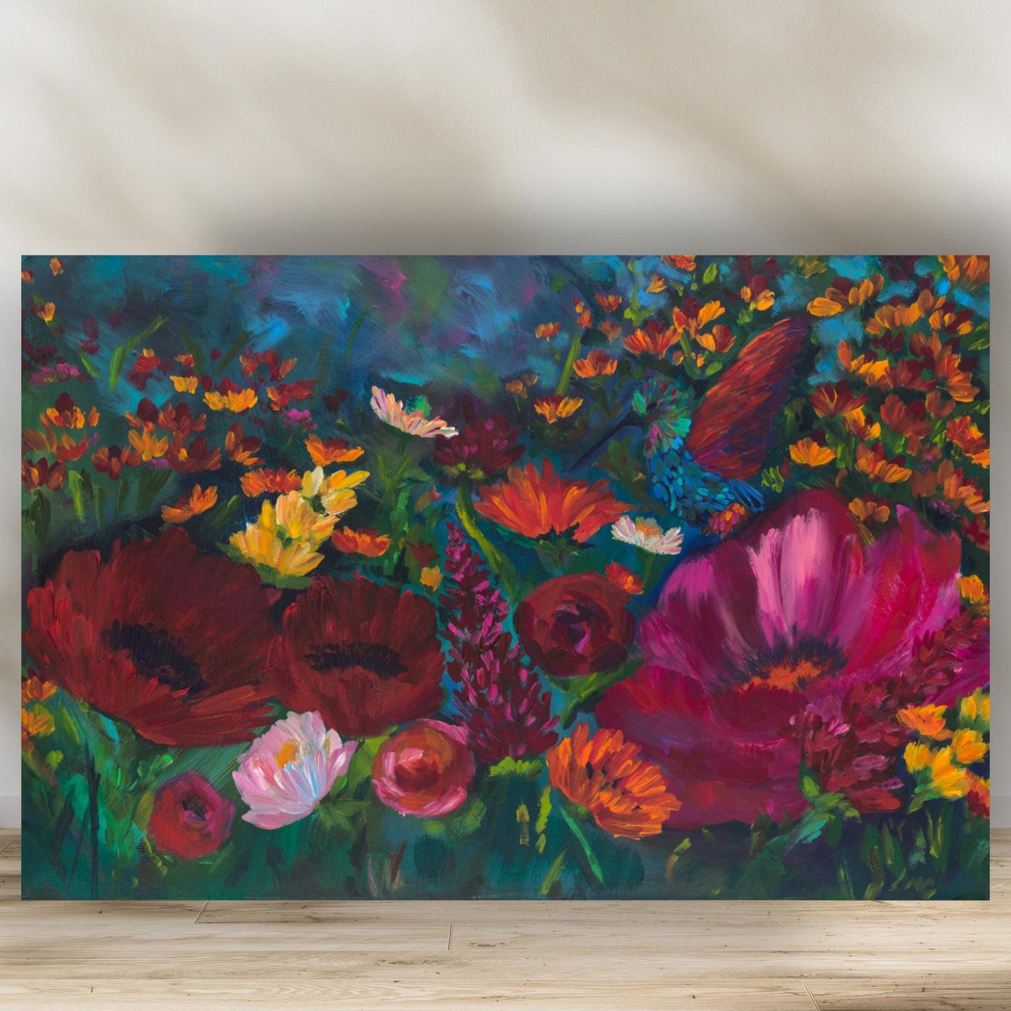 warm tones reds and orange poppy floral print for a modern decor living room