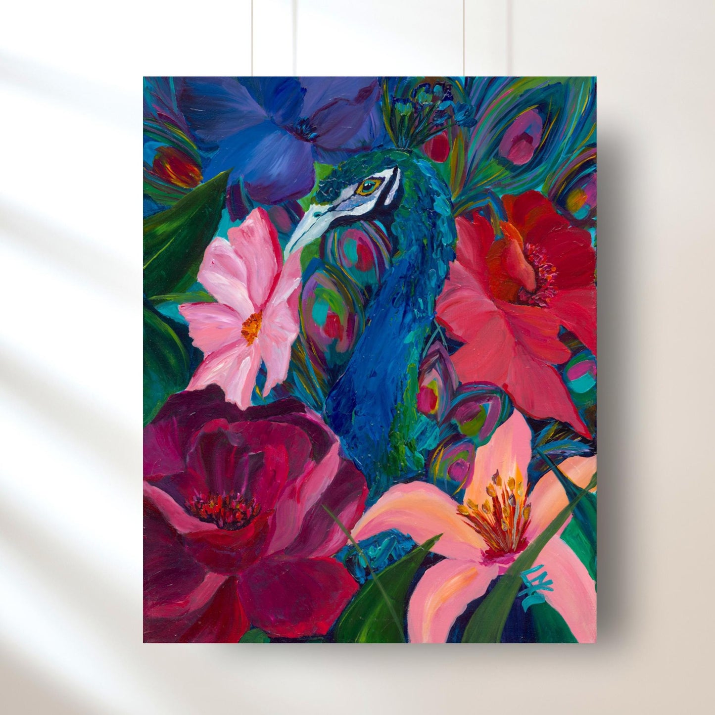 Peacock wall art with jewel tone florals, printed on giclee paper or canvas, a vibrant dopamine decor piece for color lovers and maximalists.