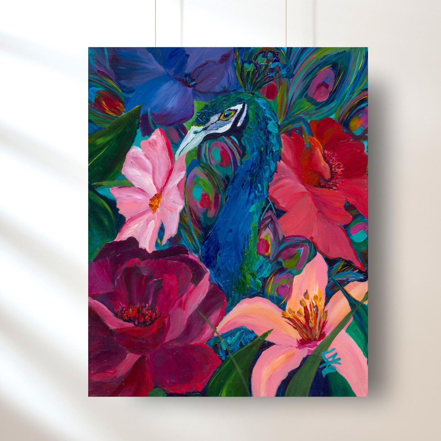 Peacock artwork with vibrant florals in dopamine hues, adds joyful energy and cohesion to any space.