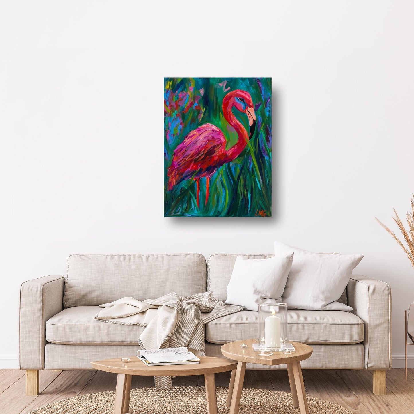 Flamingo decor wall print with eye-catching color, ideal for home offices or tropical themed room accents.