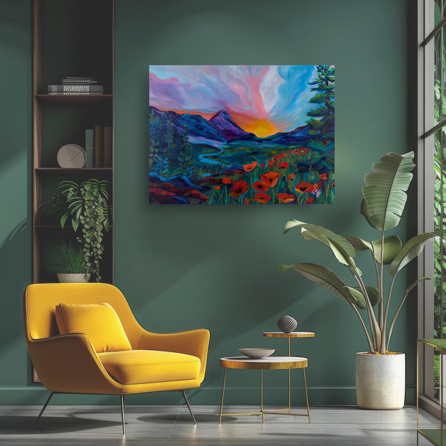 Red poppies in the foreground of a sunrise mountain view, wall art that brings spring and summer energy to your space.