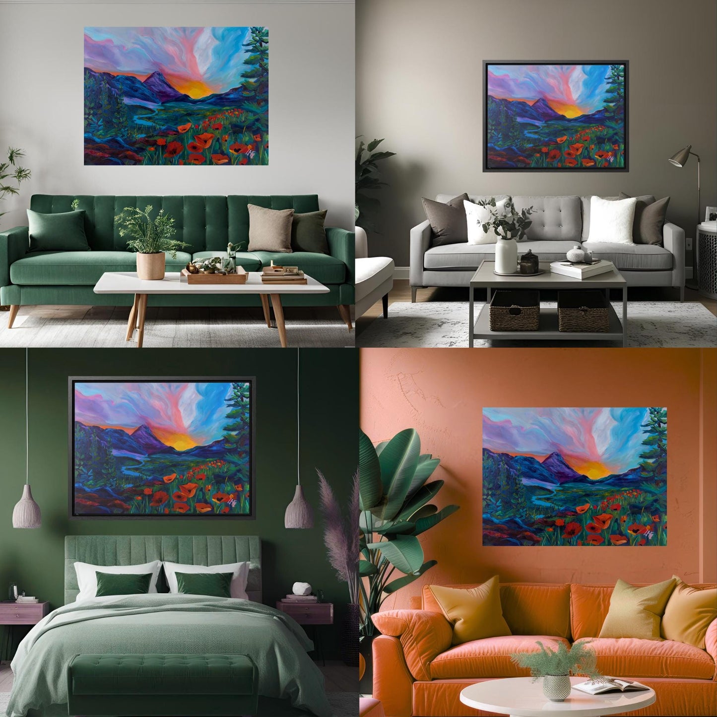 Original mountain painting print with emotional color palette, a striking visual for modern rustic or boho rooms.