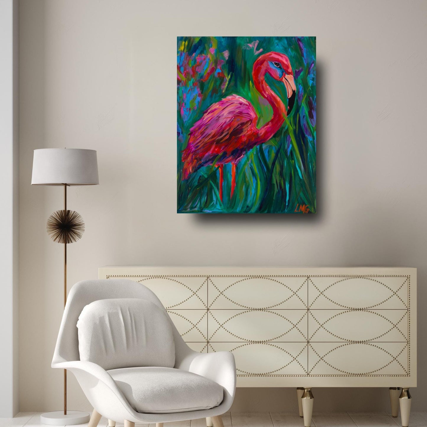 Bold tropical bird print featuring a flamingo in lush greenery, ideal for modern home styling or sunroom decor.