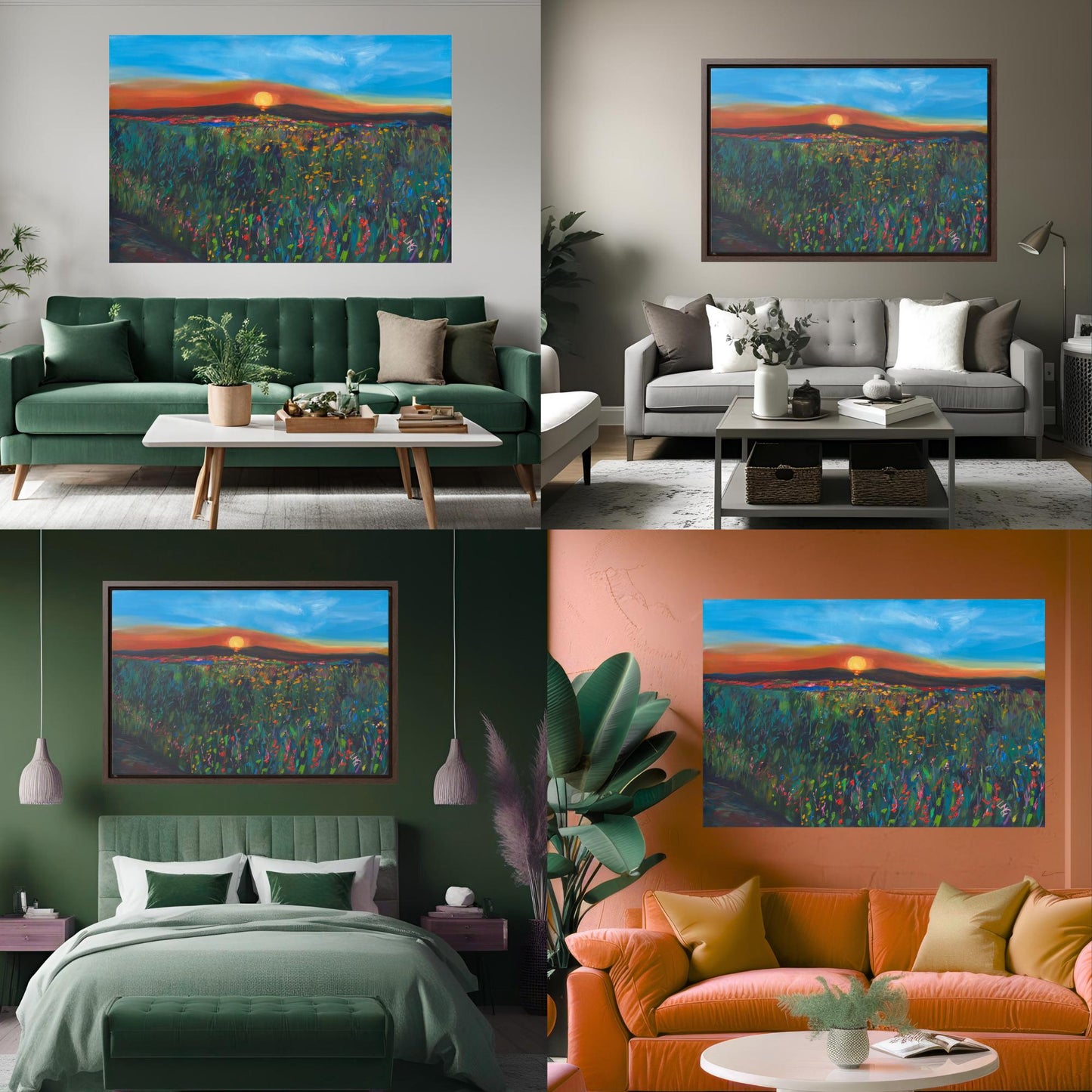 Hand-painted wildflower canvas art with vivid colors and sunset sky, ideal for bedroom or hallway decor.