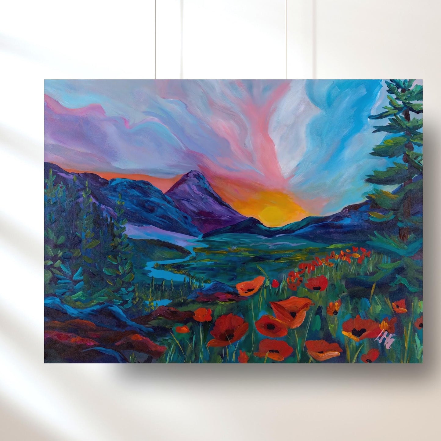 Sunrise over poppies print with glowing mountain backdrop, perfect for tranquil home decor or nature lovers' gallery wall.
