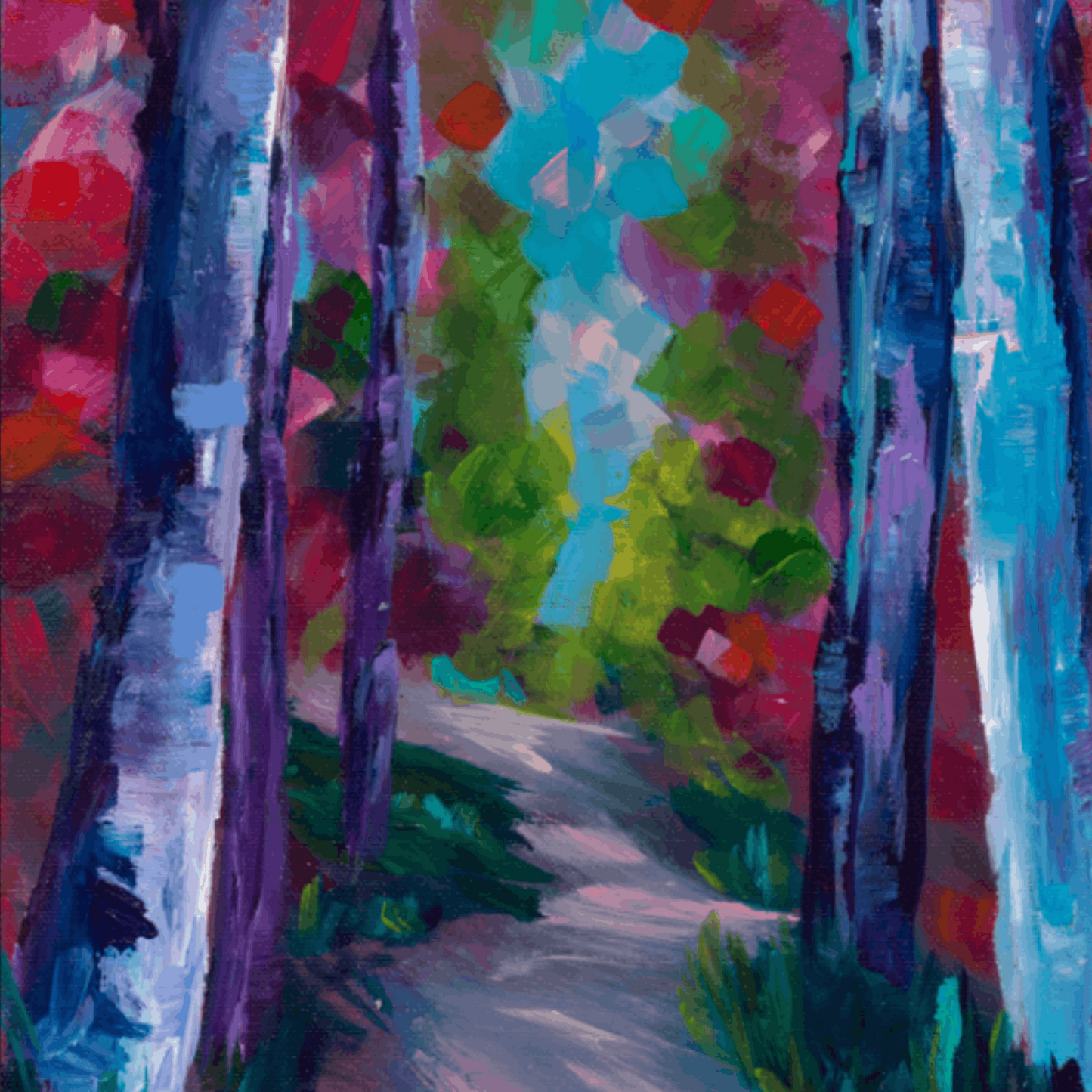 Small vertical painting with trees and a winding path in expressive, joyful colors
Small vertical painting with trees and a winding path in expressive, joyful colors