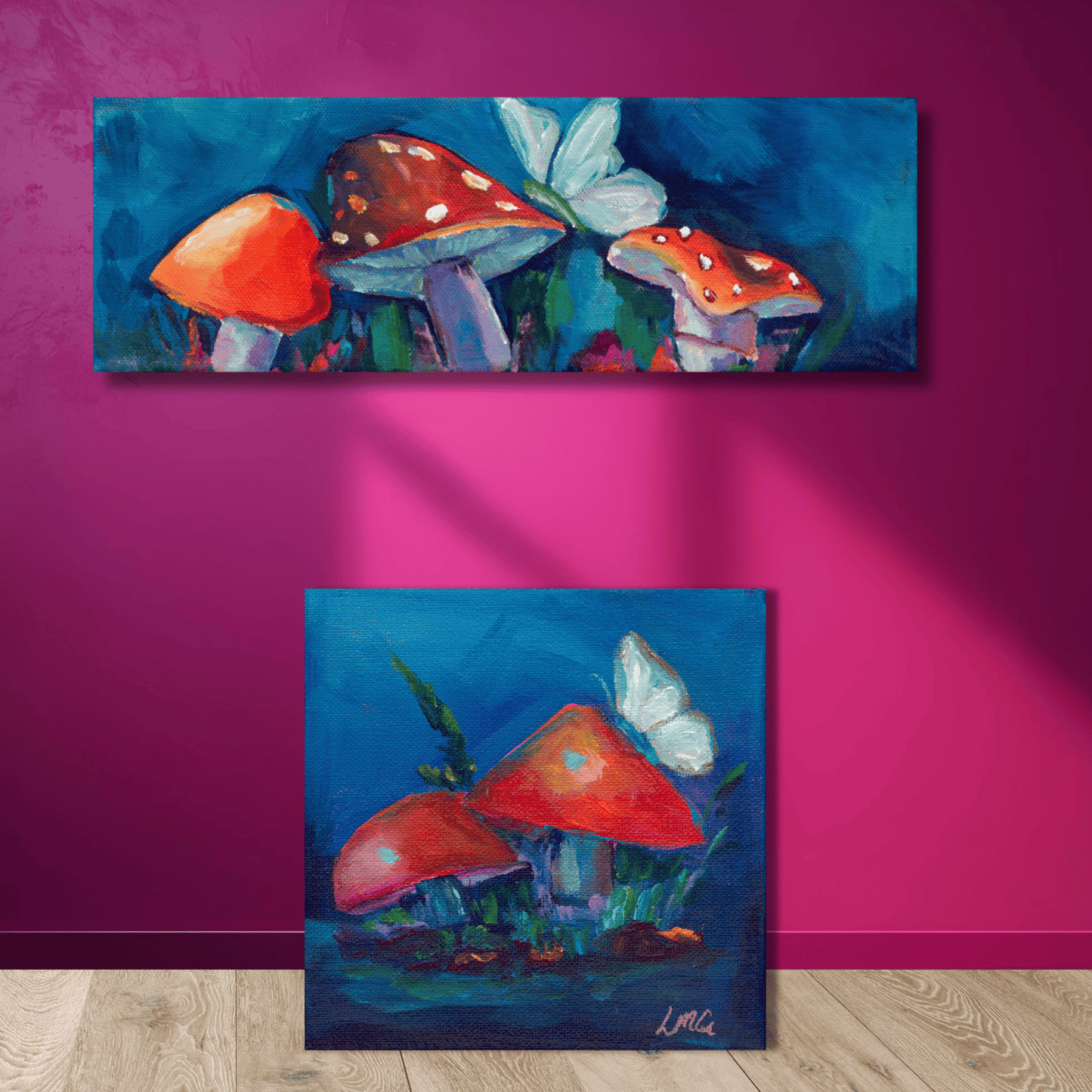 Mini red mushroom painting with butterfly, hand-painted by Leah Marie — vibrant cottagecore wall art for dopamine decorators and fairy-tale interiors