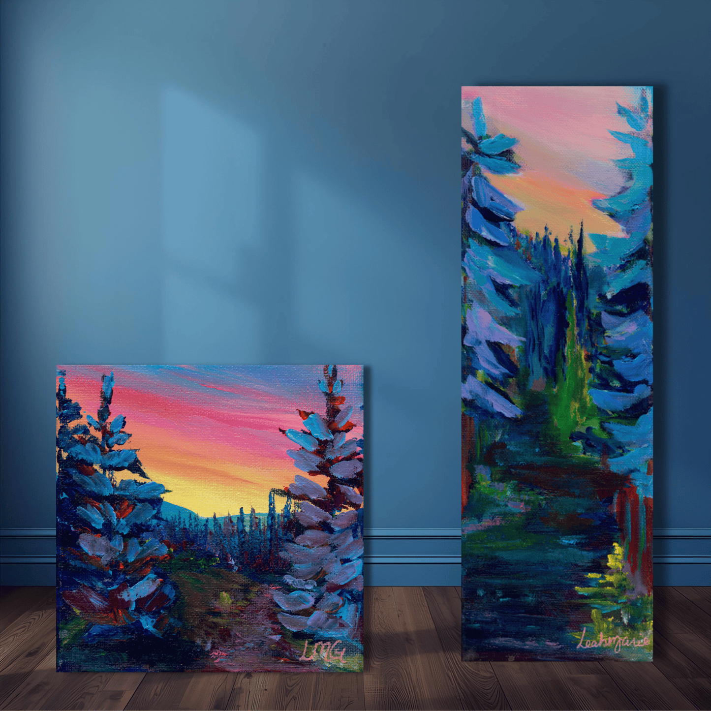 4x12inch(10x30cm) hand-painted Idaho forest sunset in jewel tones — blue pine trees and glowing pastel sky, perfect for dopamine home decor lovers