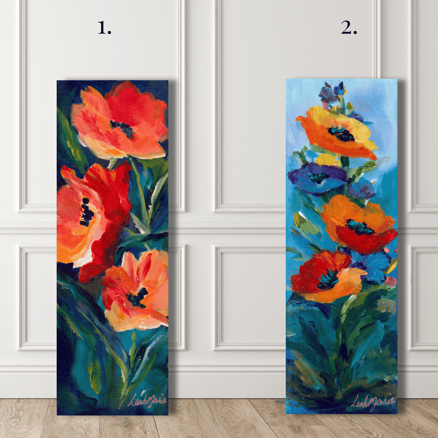 hand painted red and orange poppy paintings perfect for a gallery wall in a maximalist home decor or gallery wall