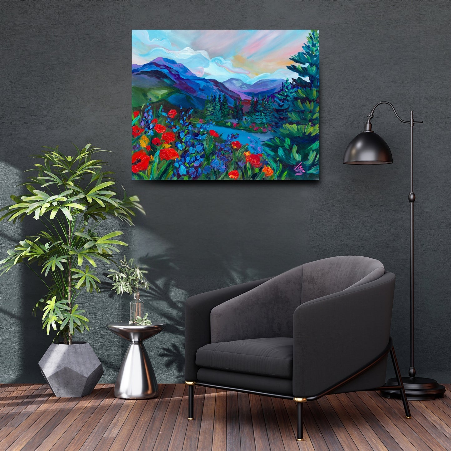 original abstract landscape painting in a modern office