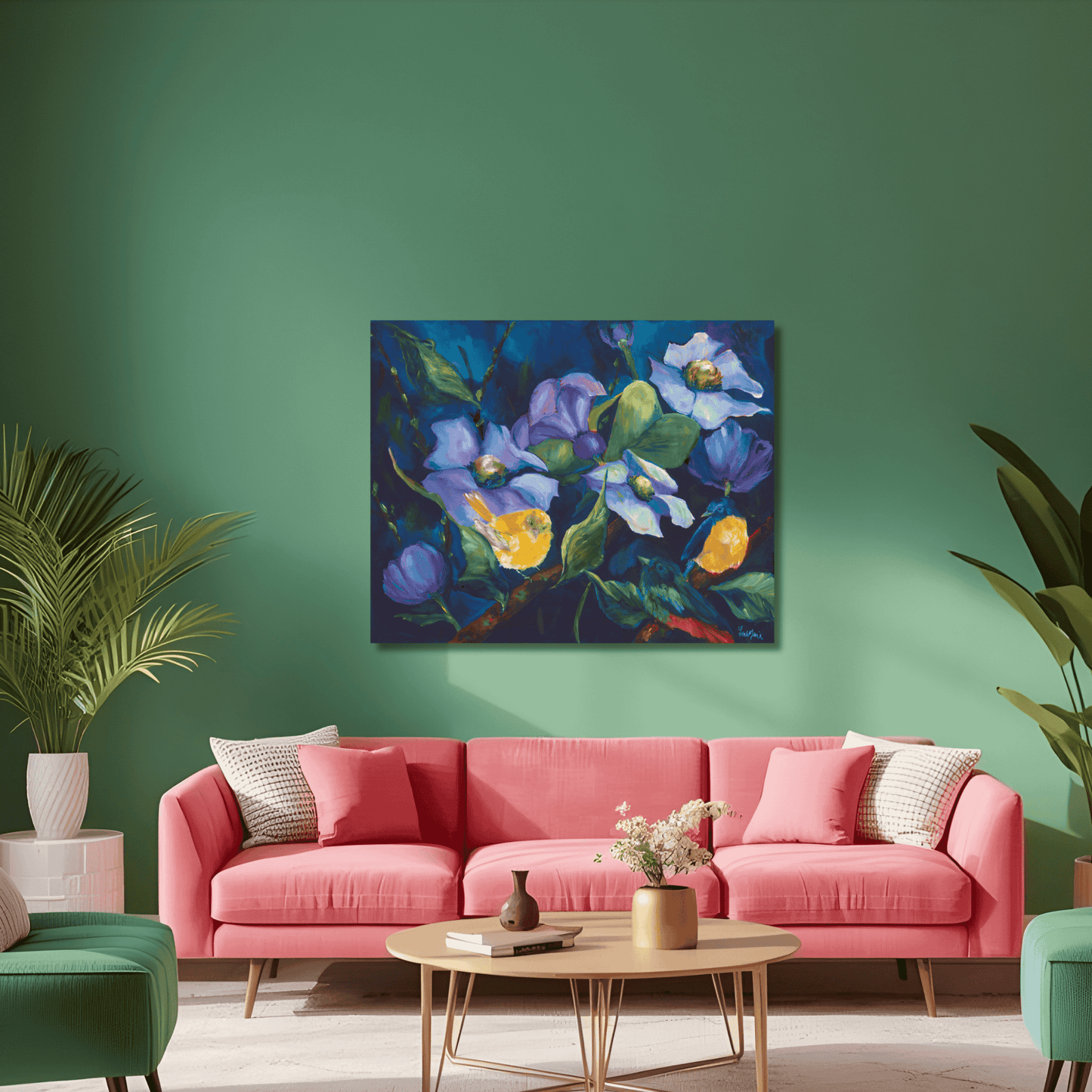 Colorful floral and bird painting displayed in living room, vibrant spring artwork adding joy, movement, and personality to home decor. perfect stement piece for a maxiamlist living room