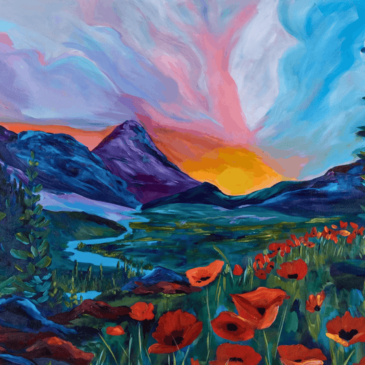 A vibrant painting featuring a landscape with mountains and a campfire in the foreground. The sky is pink and blue, indicating either sunrise or sunset, and there are red flowers in the field.