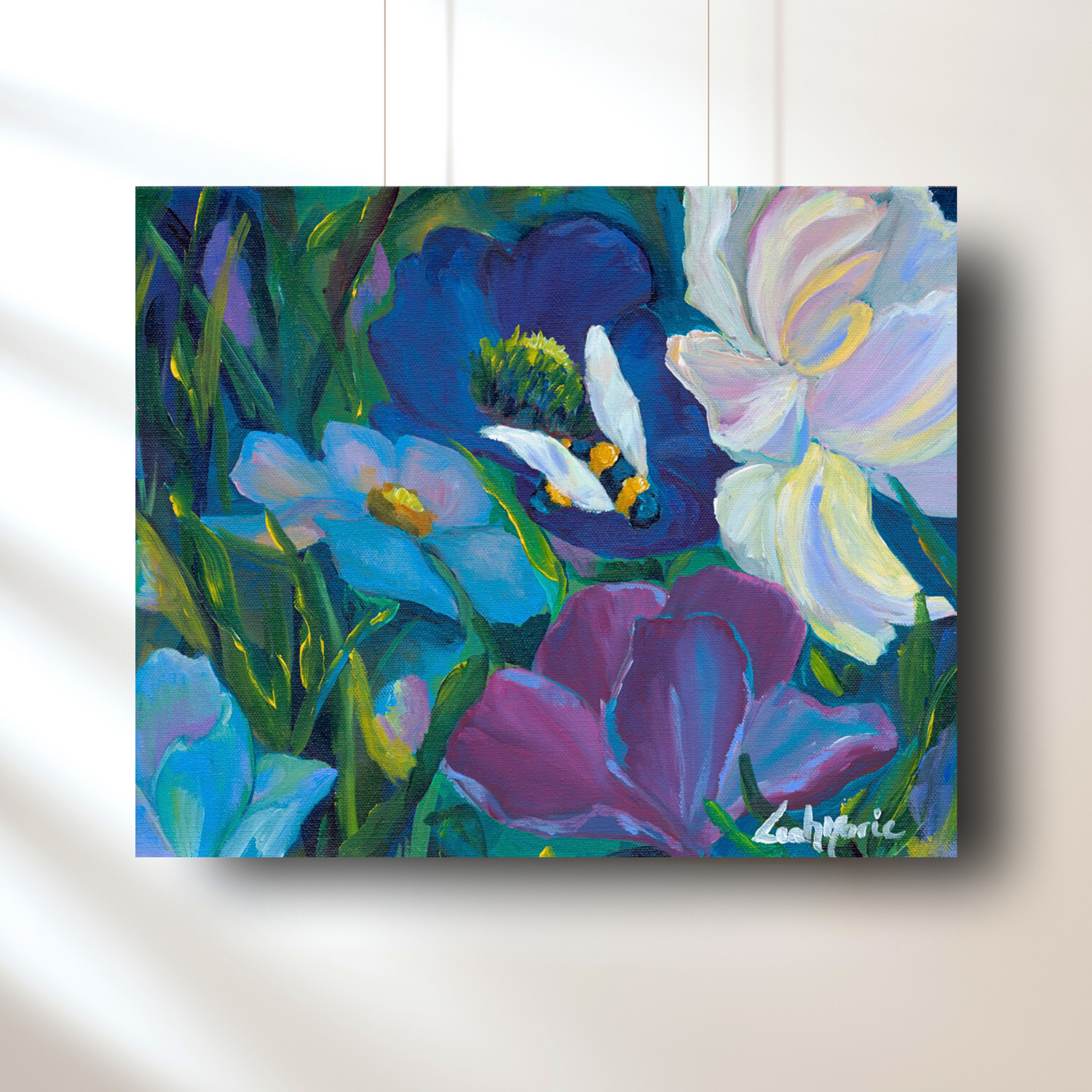 A vibrant original painting featuring a floral pattern with purple, blue, and green colors, and a bee depicted in the center.