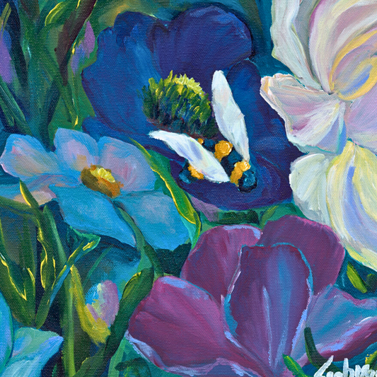 happy little purple floral and bee in a garden original painting perfect for gallery wall or bathroom art