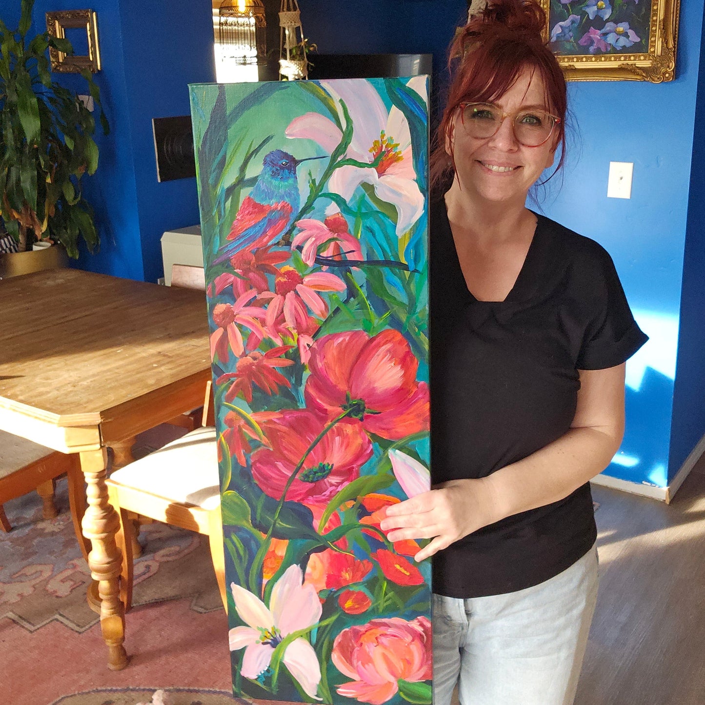 red and green hummingbird floral original wall art