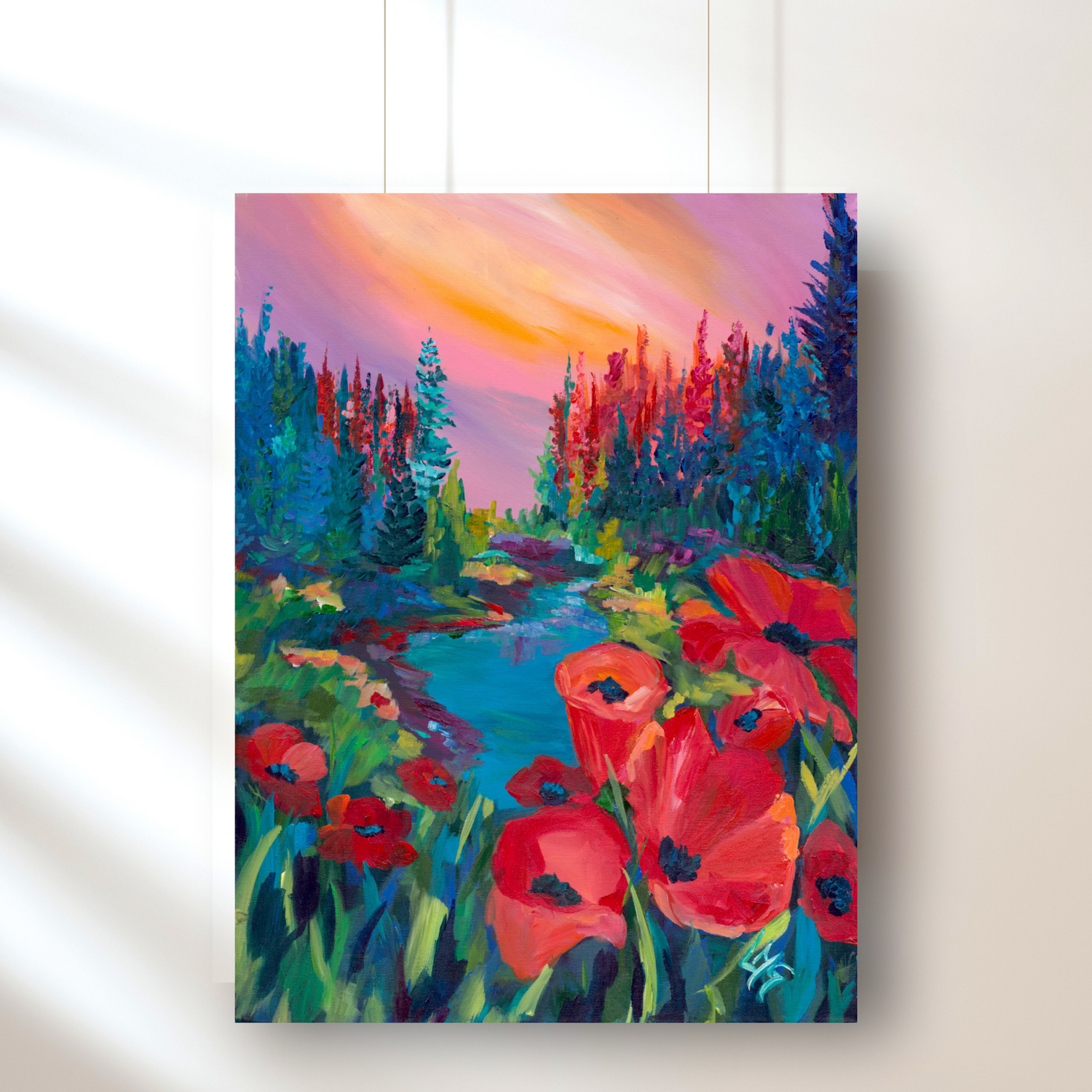 A vibrant painting featuring a landscape with red flowers and a blue body of water, with a pink and orange sky in the background. The artwork is signed by an artist.