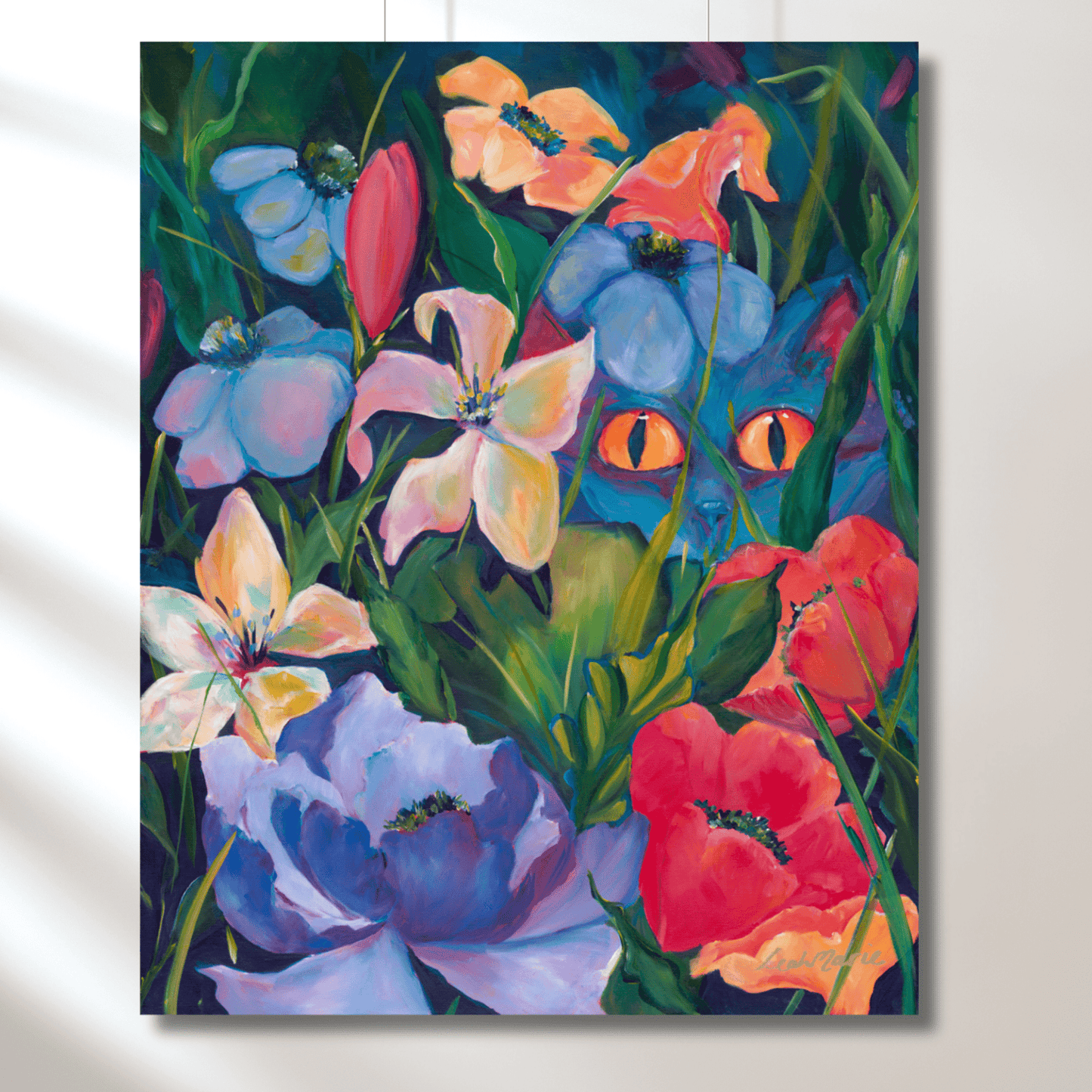 whgimsical blue cat hiding behind the flowers. perfect addition to a maximalsit wall to add whimsy and joy