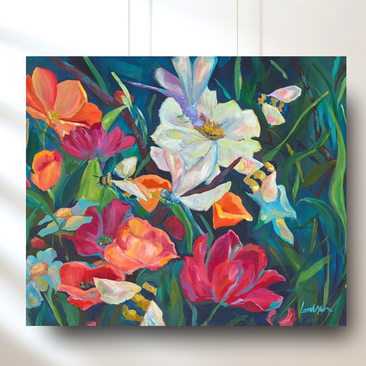 A vibrant original painting featuring a detailed floral pattern with bold, colorful strokes and delicate bees.
