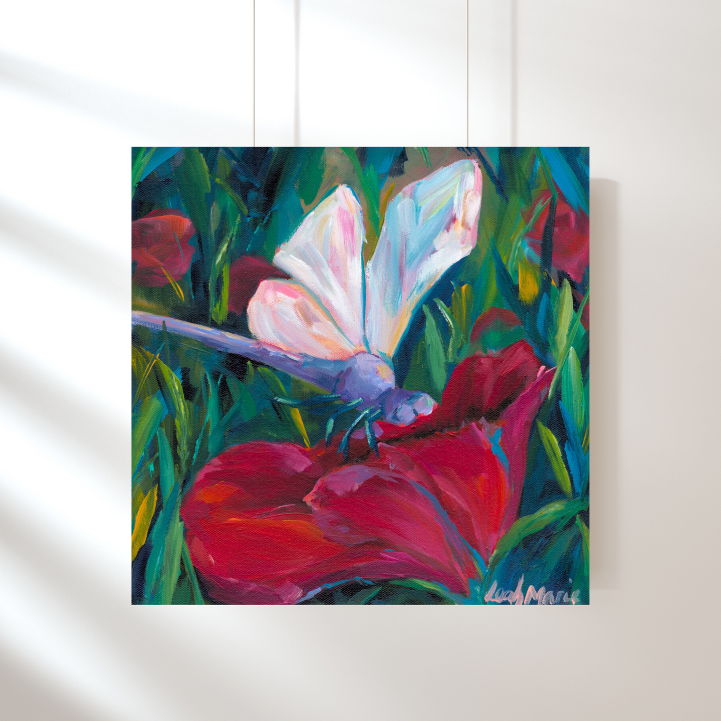 A vibrant original acrylic painting featuring a dragonfly with multicolored wings on a red flower, with a background of green and red hues.